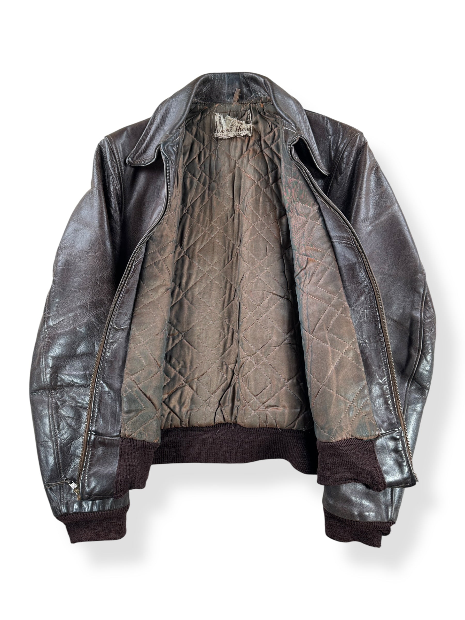 Inside of Vintage 50s Era Front Quarter Horse Hide Leather Jacket SZ S