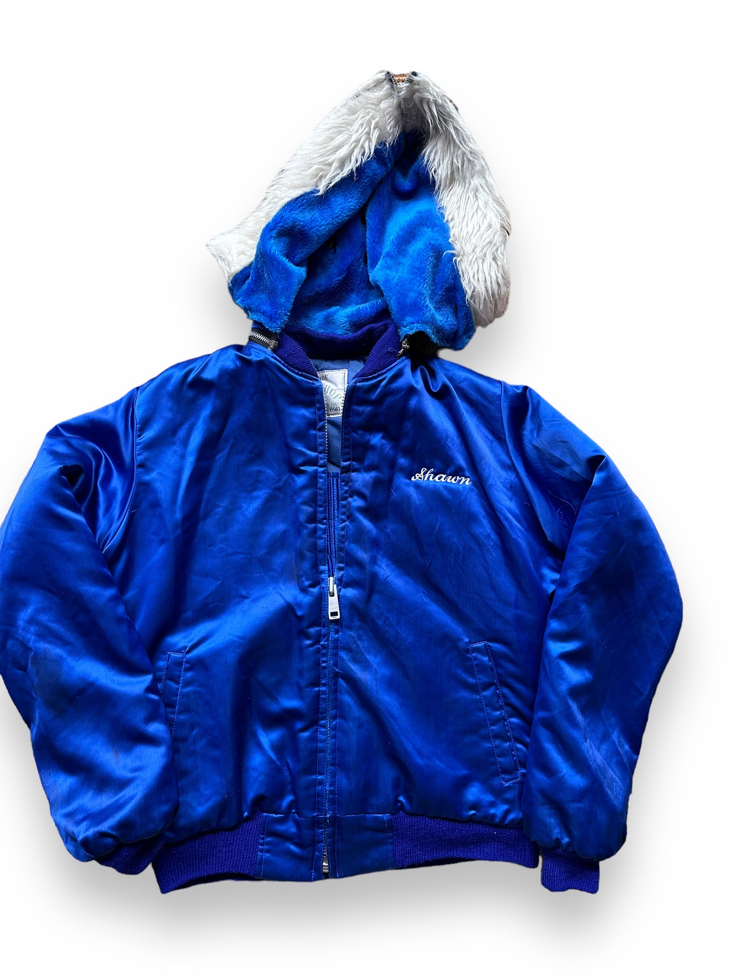 Front Detail on Vintage Blue Korea Souvenir Jacket SZ L | Vintage Souvenir Jacket Seattle | Barn Owl Vintage Seattle