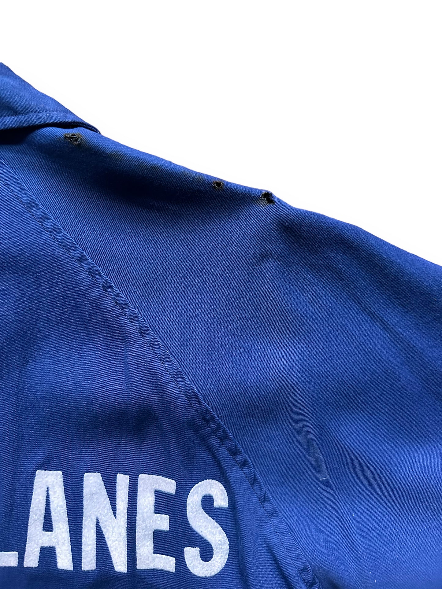 small holes on right shoulder of Vintage Seaside Lanes Oregon Mens Rayon Bowling Shirt SZ M | Vintage Bowling Shirt Seattle | Barn Owl Vintage Seattle
