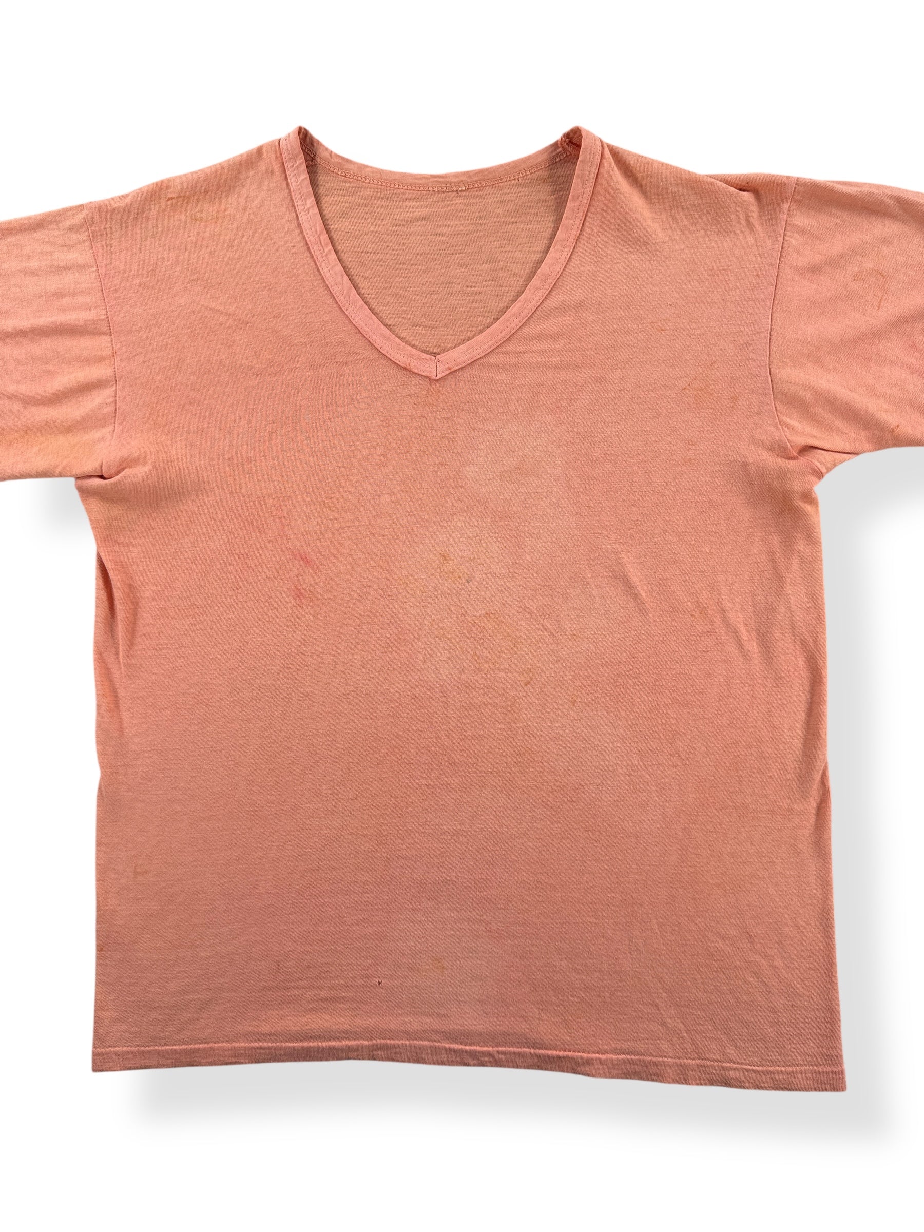 Front Close Up of Vintage Creamsicle Orange V Neck Tee SZ M
