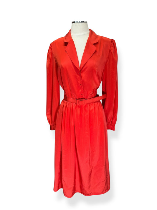 Front view of 1970s Clement Laird Coral Polyester Dress L-XL