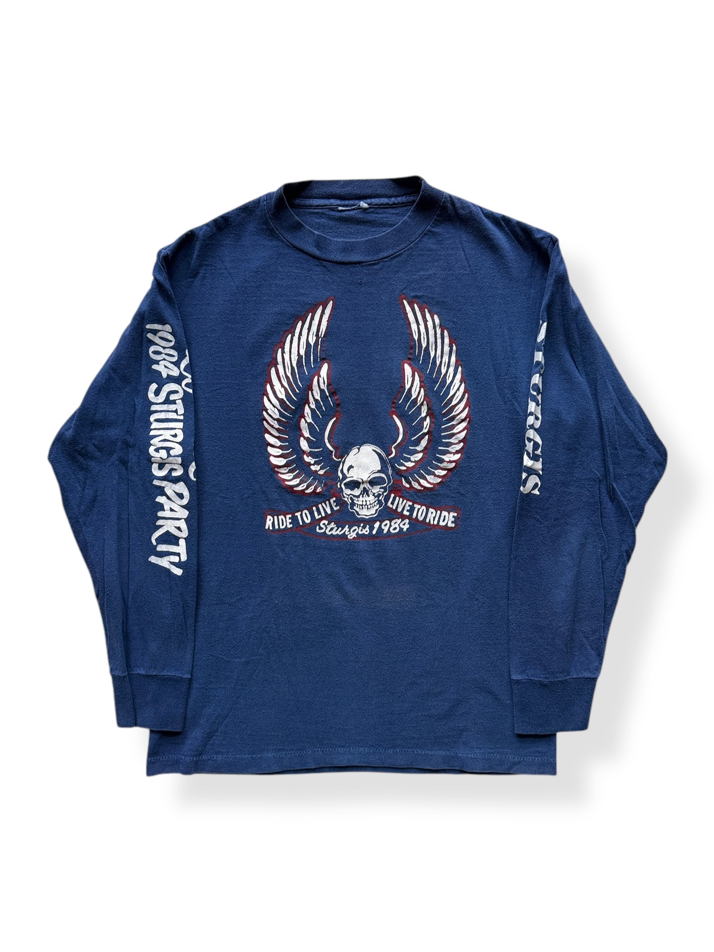 Front of Vintage 1984 Sturgis Long Sleeve Ride to Live Live to Ride Skull Tee SZ S