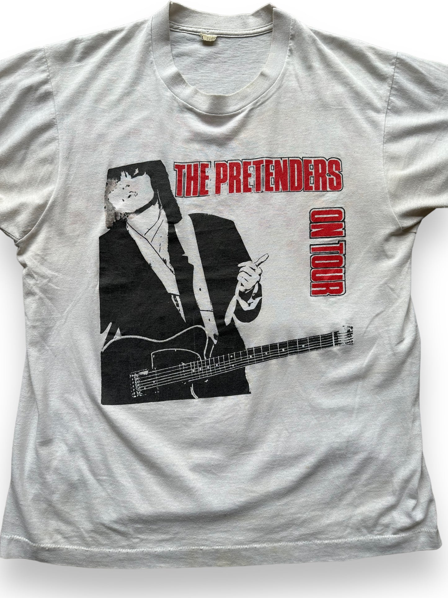 Front Detail on Vintage Pretenders On Tour Bootleg Tee SZ L | Barn Owl Vintage Clothing | Vintage Chrissie Hynde Rock Tees Seattle