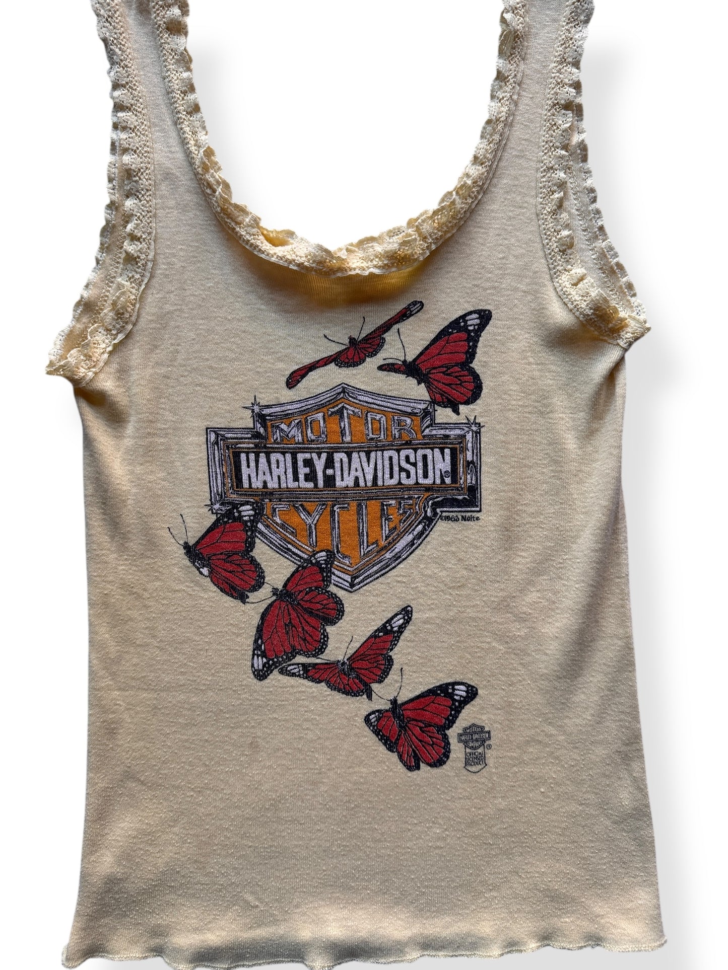 Front Close Up of Vintage Ladies 3D Emblem Harley Davidson Butterfly Tank Top SZ S