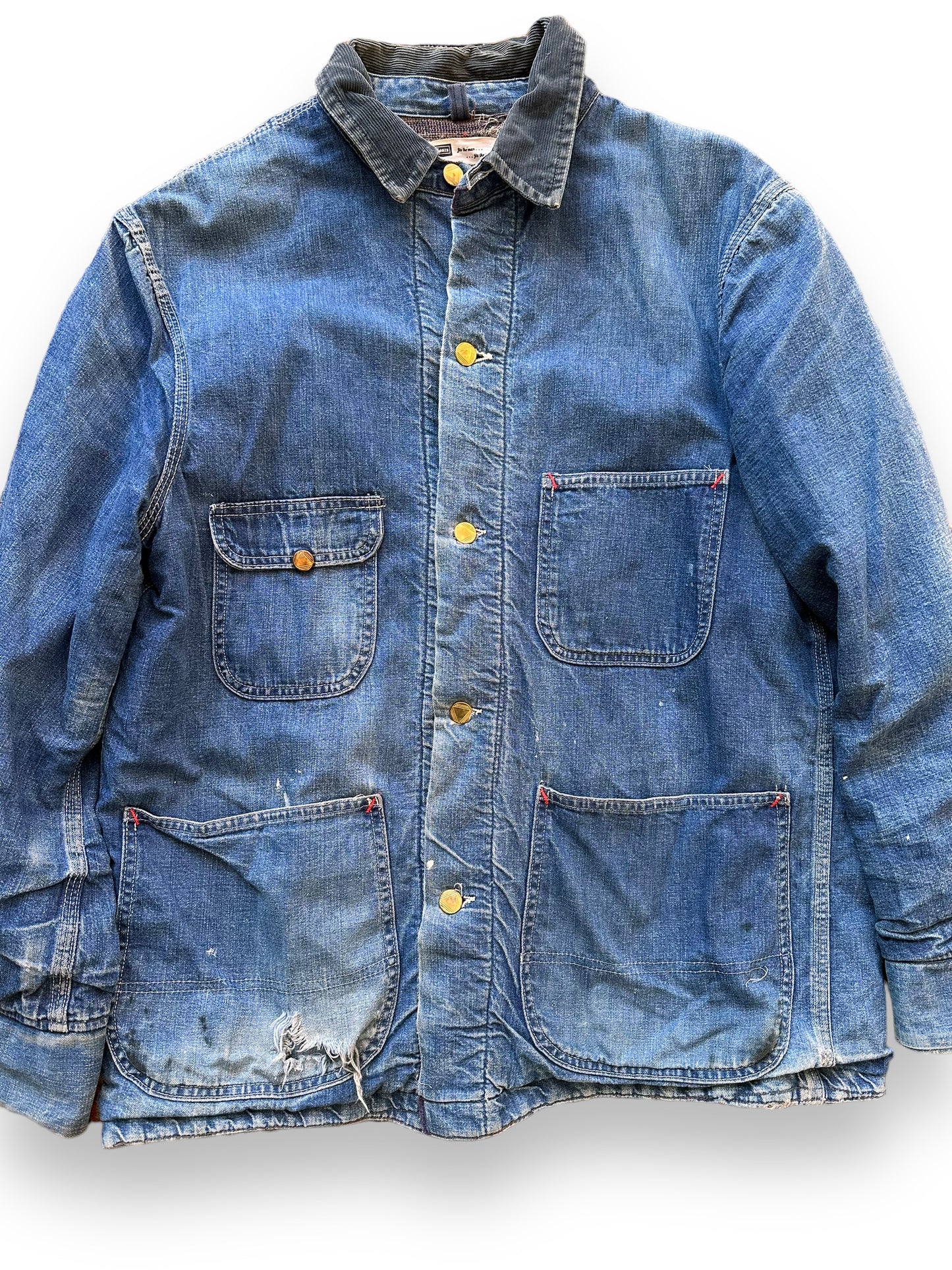 Front Detail on Vintage Sears Blanket Lined Denim Chore Coat SZ 42 | Vintage Denim Chore Coat | Barn Owl Vintage Seattle