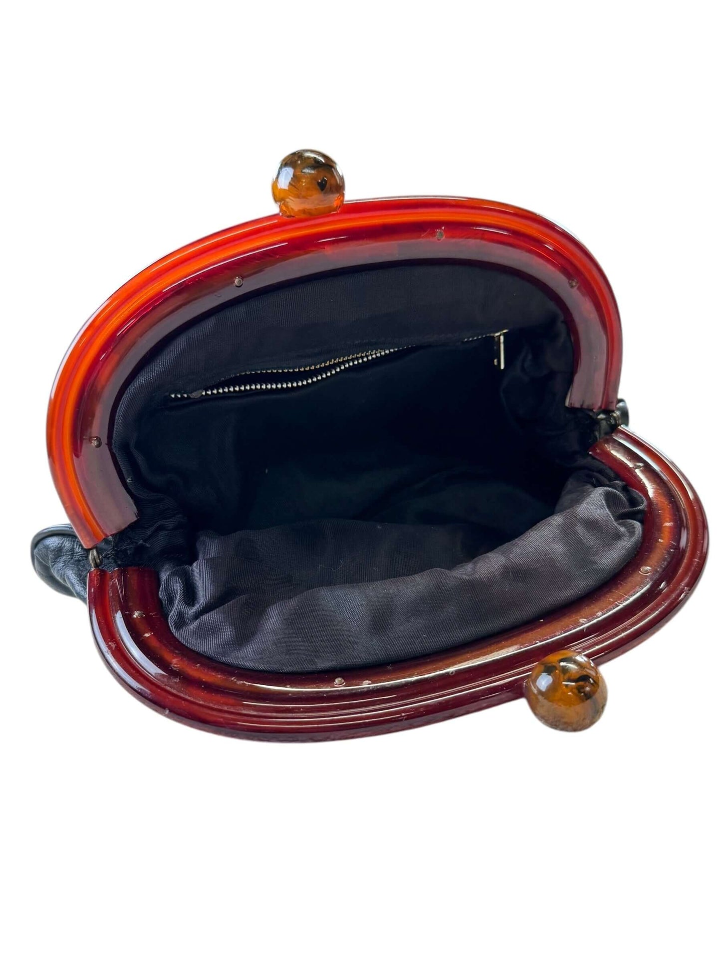 Oen view of 1950s Black Leather Clutch with Lucite Handle