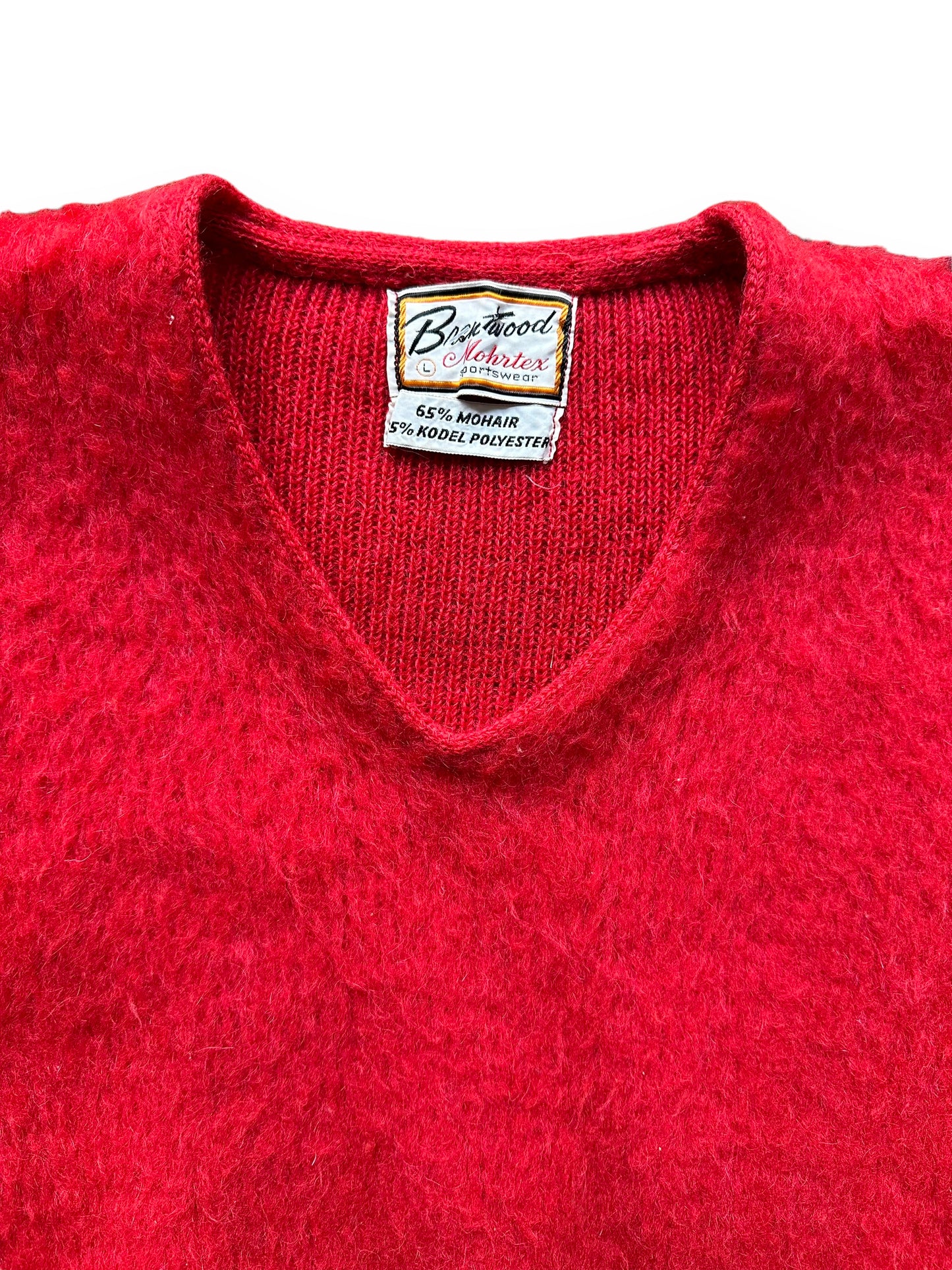 Upper Front View of Vintage Brentwood Red Mohair Sweater SZ L | Vintage Mohair Sweater Seattle | Barn Owl Vintage Goods