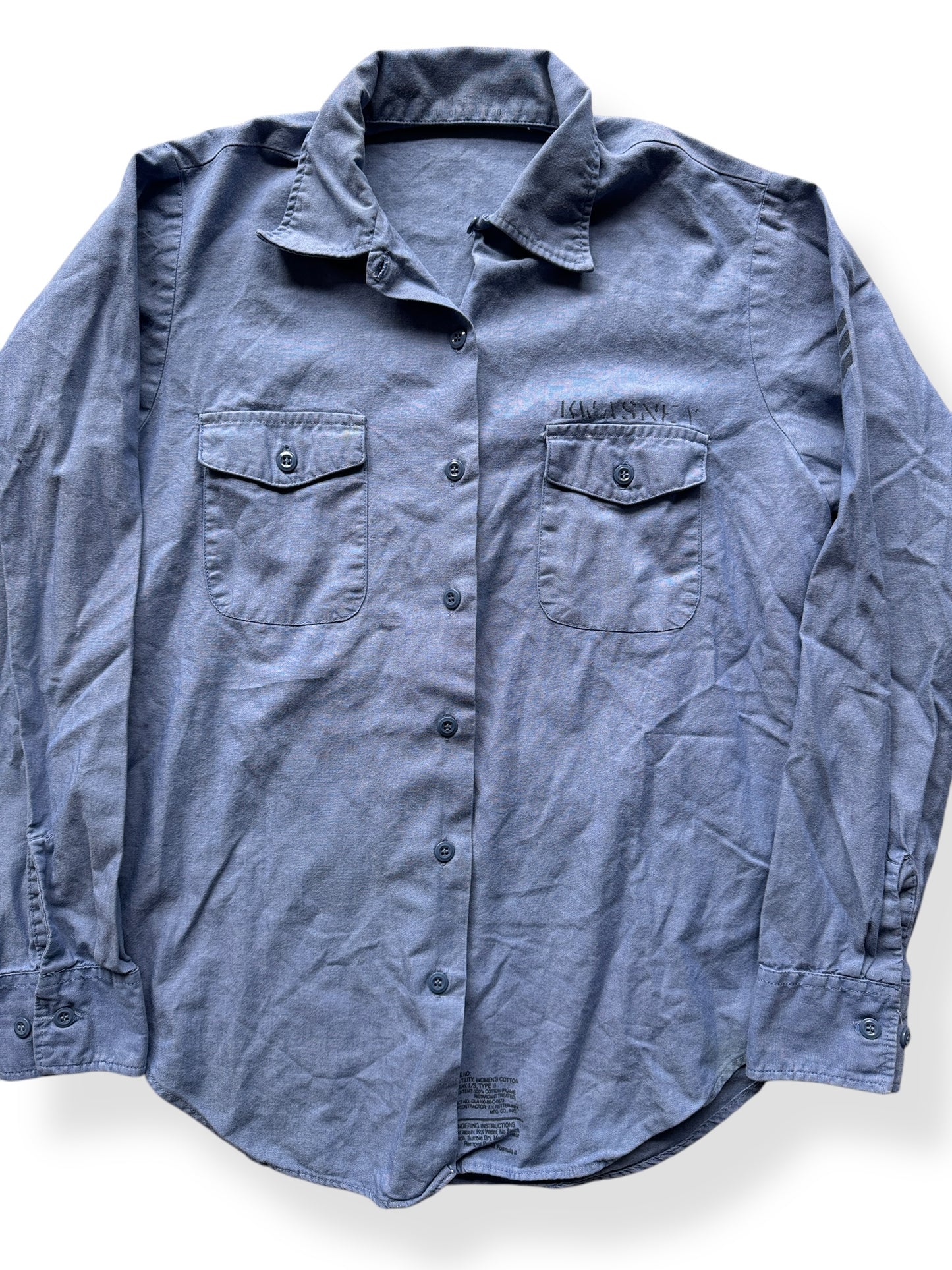 Front Close Up of Vintage Ladies Stenciled Military Chambray SZ M
