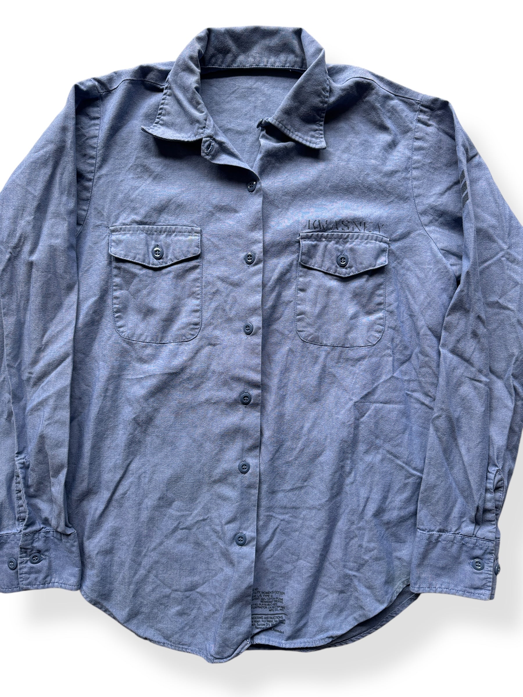 Front Close Up of Vintage Ladies Stenciled Military Chambray SZ M
