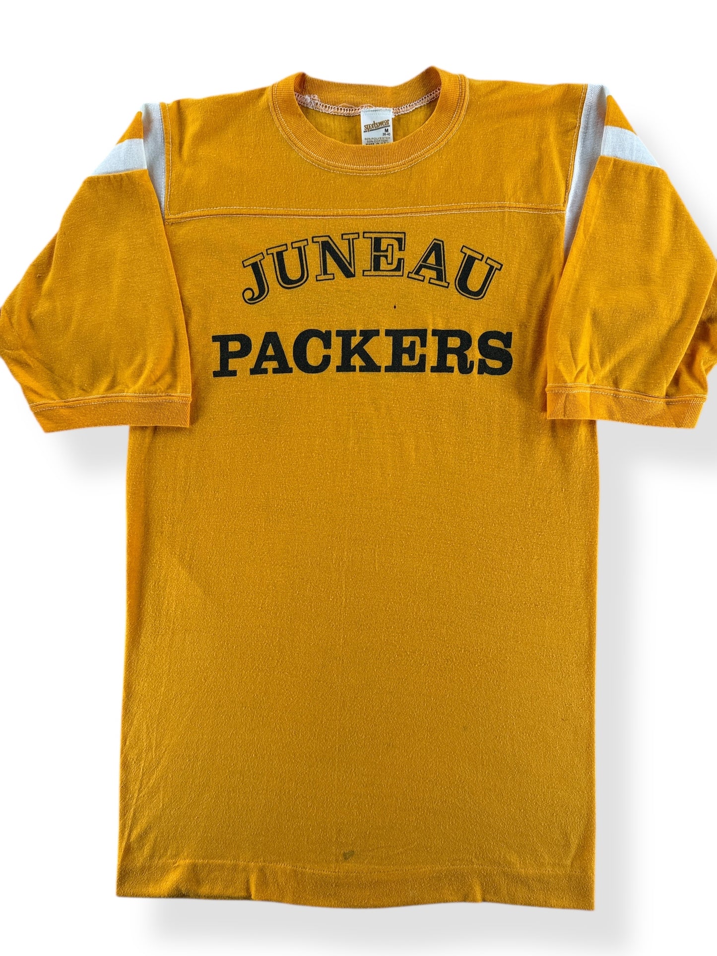 Front Close Up of Vintage Juneau Packers Yellow Jersey SZ S