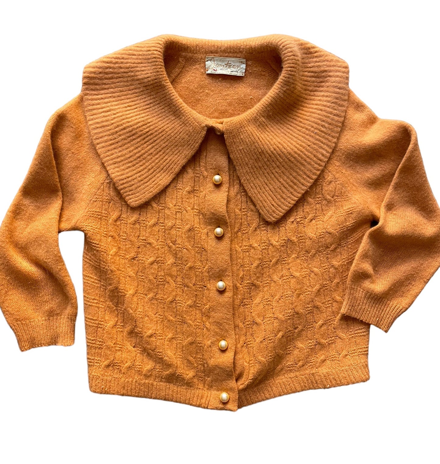 Front flat lay of Vintage 1950s Jantzen Gold Cardigan | Seattle True Vintage | Barn Owl Ladies Clothing