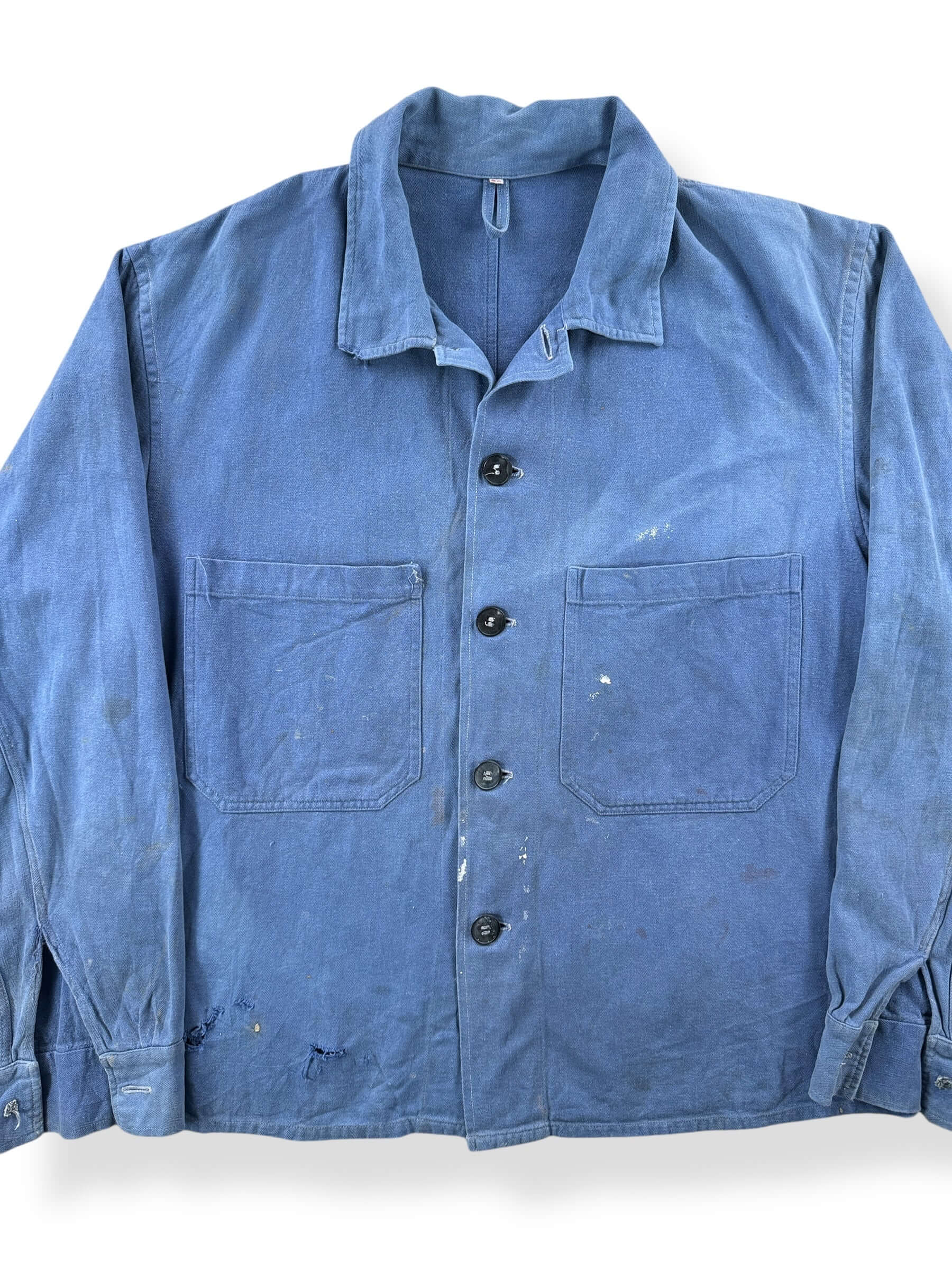 Front Close Up of Vintage Faded Blue French Chore Coat SZ L