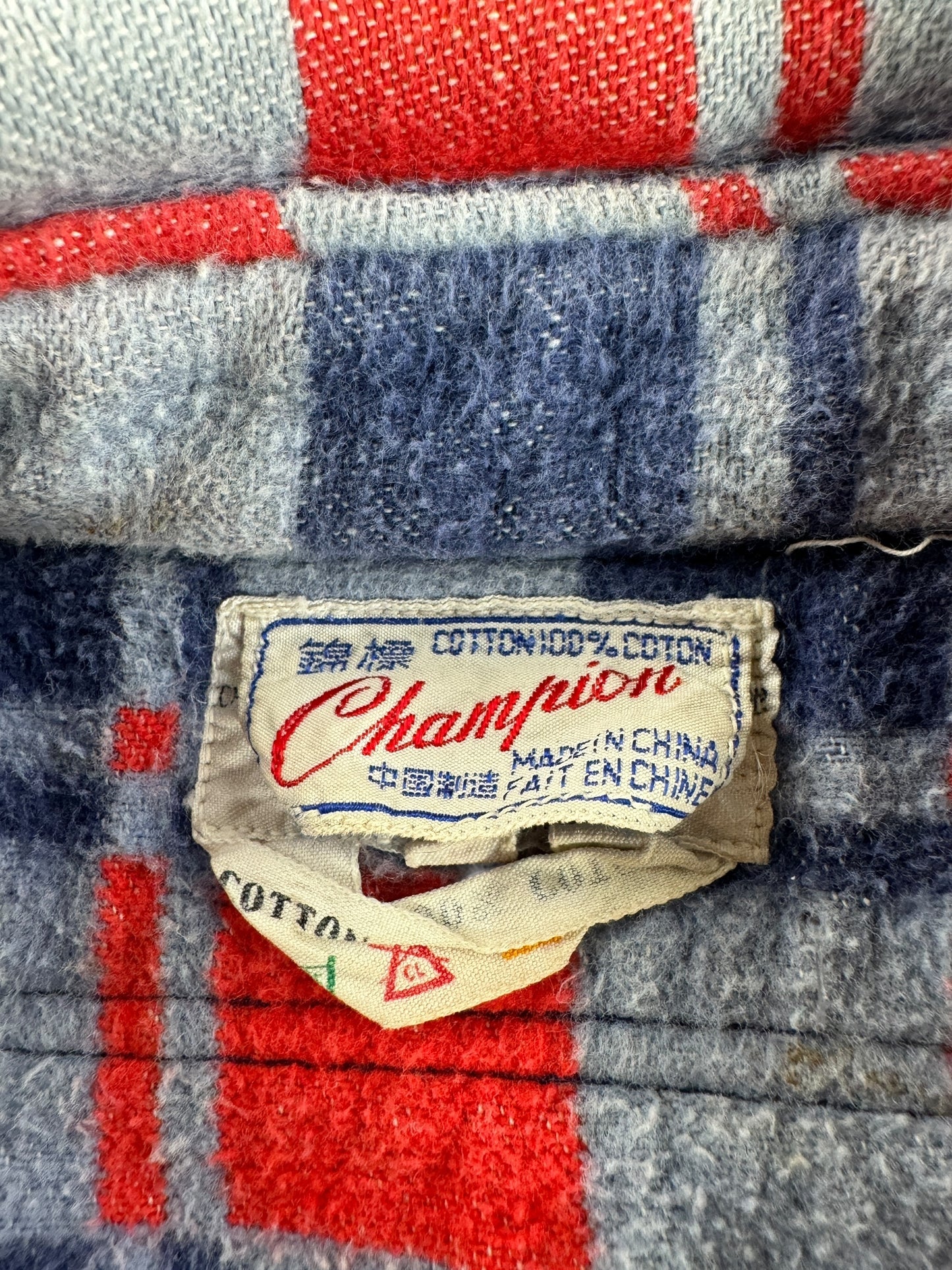 Tag on Vintage Red & Blue Champion Cotton Camp Blanket Flannel SZ M