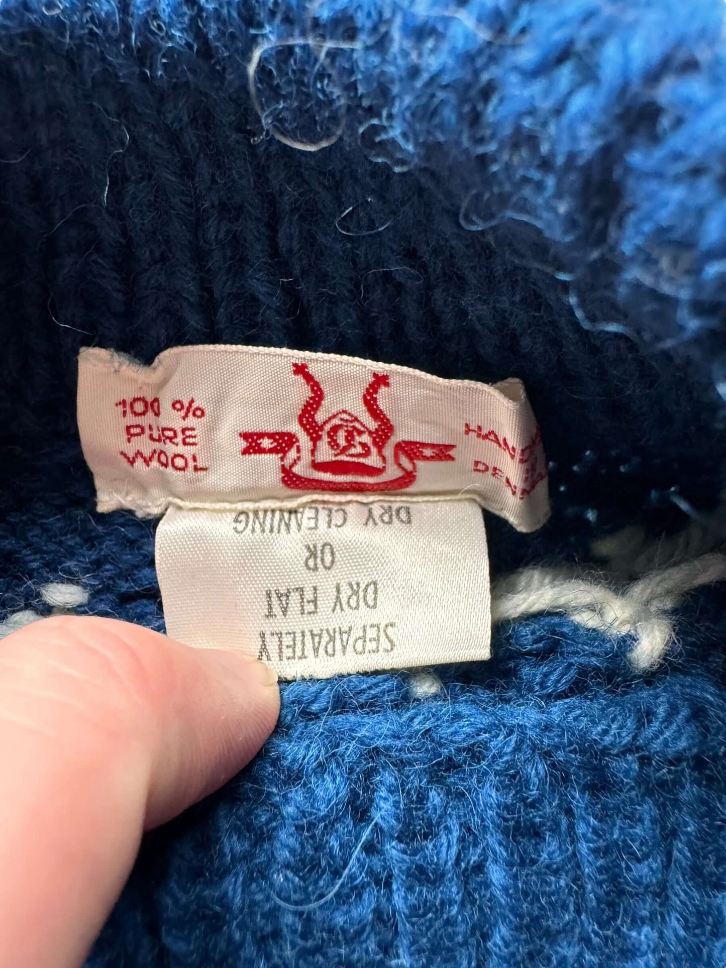 tag on Vintage Blue Reindeer Danish Wool Sweater SZ S