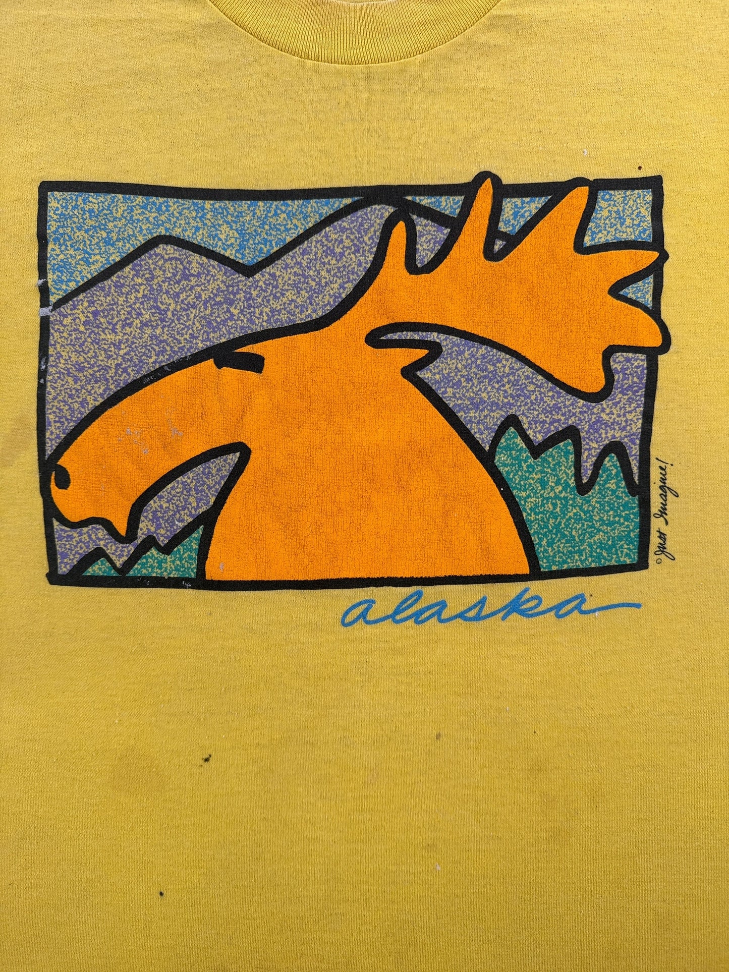 Front Graphic of Vintage Yellow Alaska Moose Tee SZ L