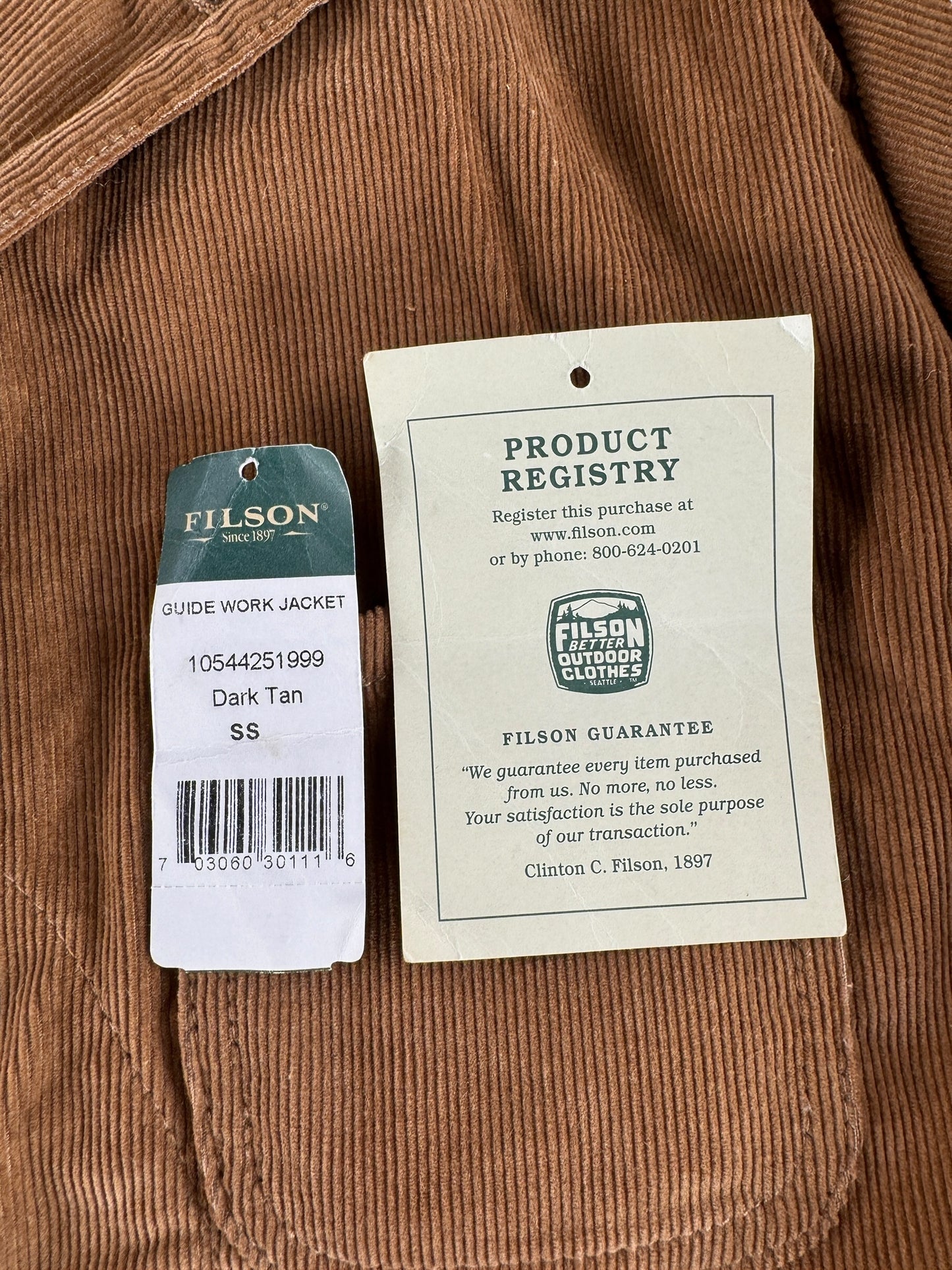 Original Tags on Filson Corduroy Dark Tan Guide Work Jacket SZ M