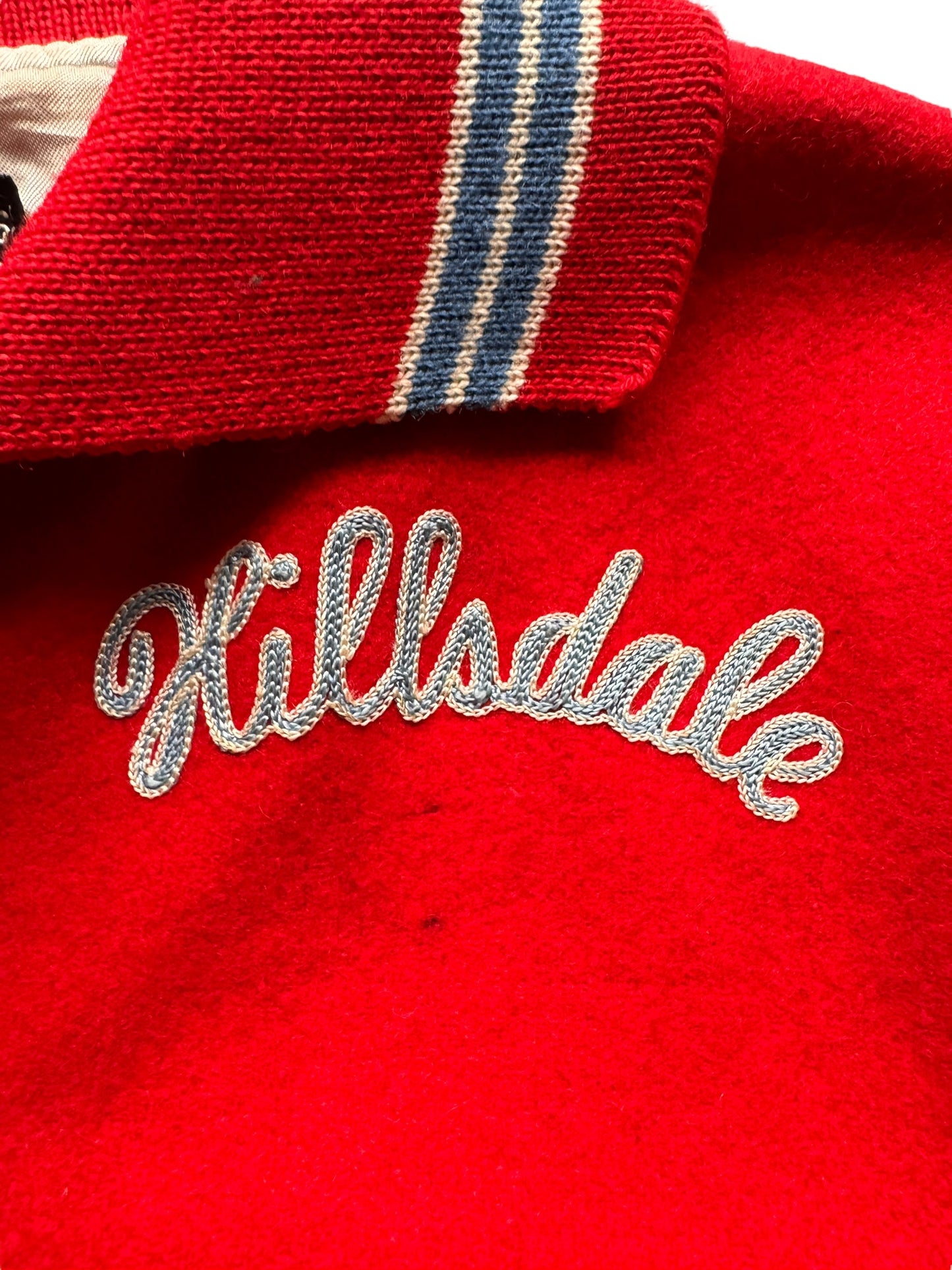 Front Chain Stitching on Vintage Hillsdale Varsity Jacket SZ 46