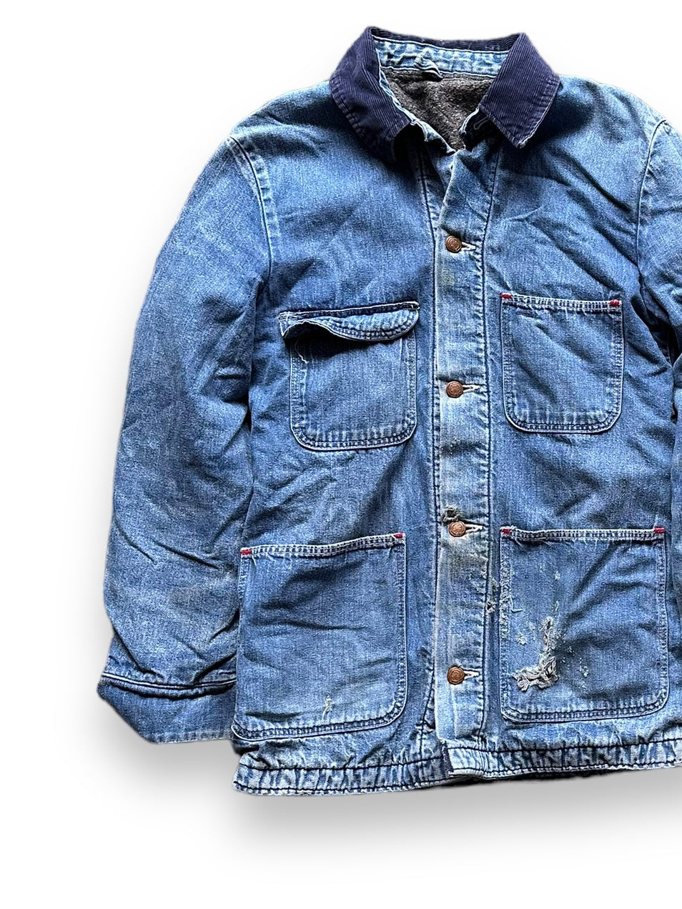 Front Right View of Vintage Wrangler Blanket Lined Denim Chore Coat SZ 34 | Seattle Vintage Workwear | Barn Owl Vintage Seattle