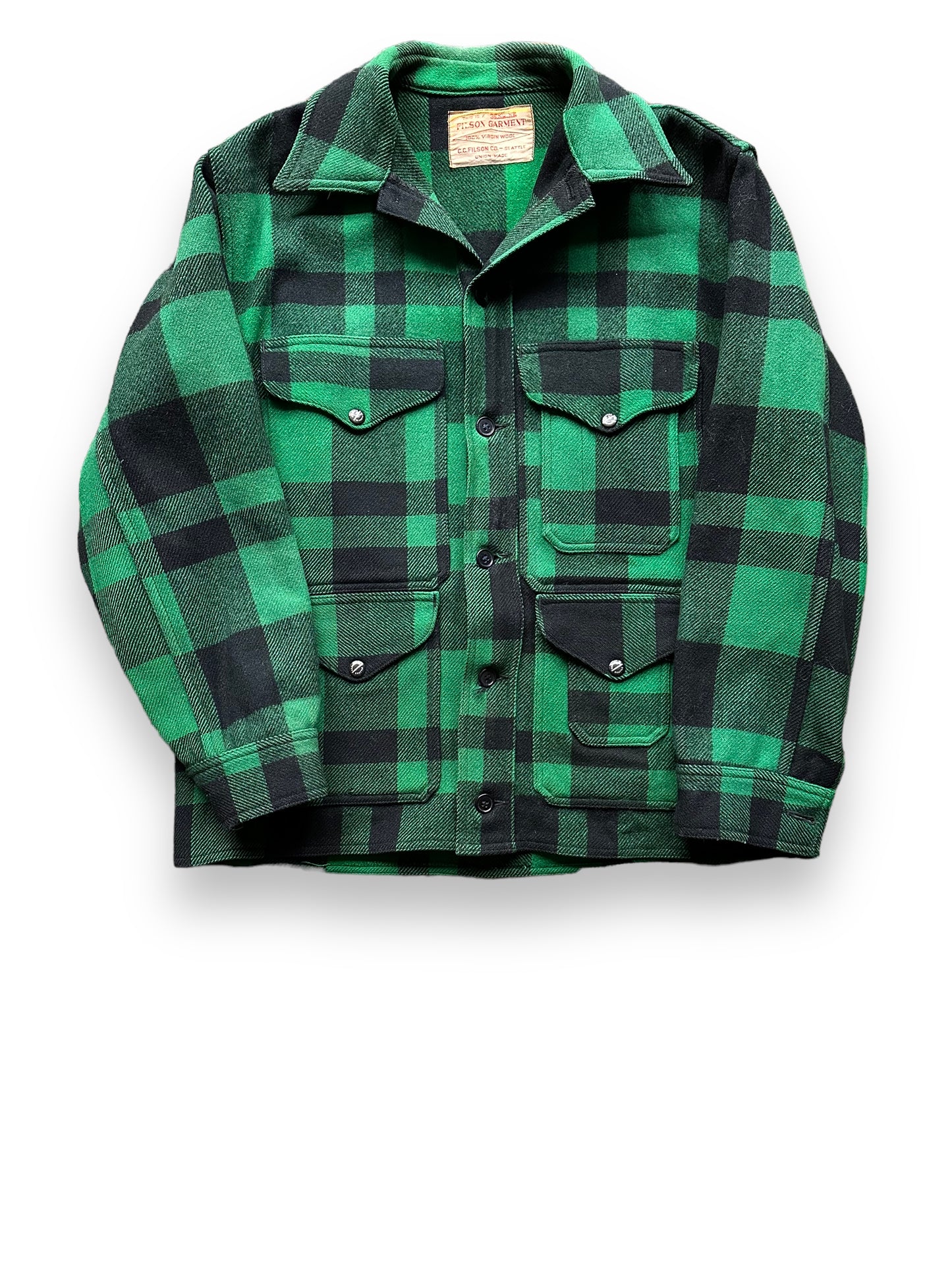 Front View of Vintage Union Made Filson Green & Black Mackinaw Coat SZ 44 | Vintage Filson Workwear Seattle | Vintage Clothing Seattle