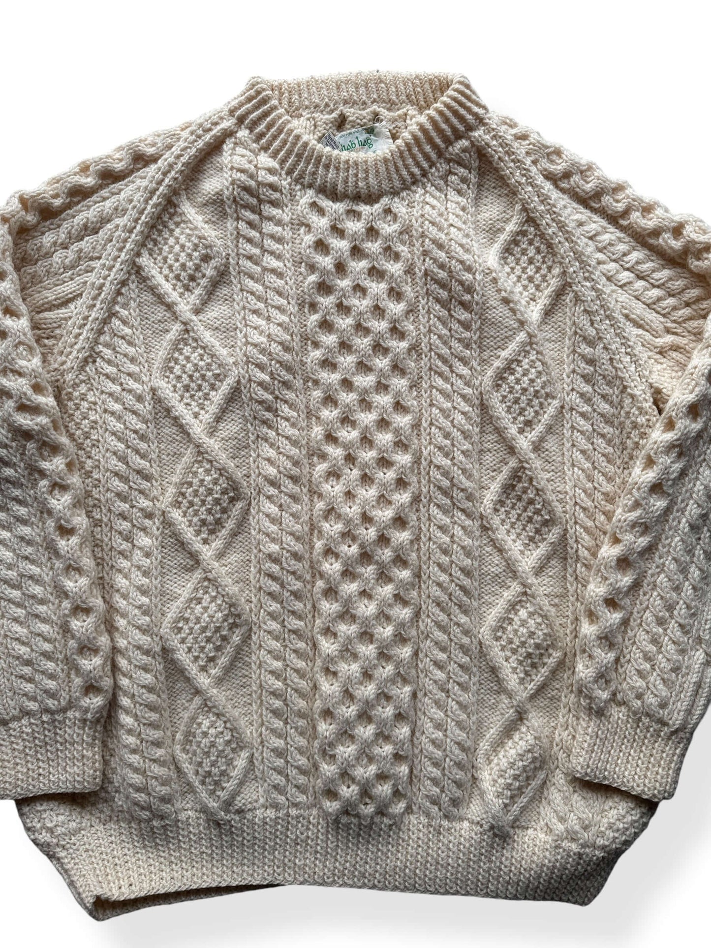 Front Close Up of Vintage Sliab Liag Irish Cable Knit Aran Fishermans Sweater SZ XL
