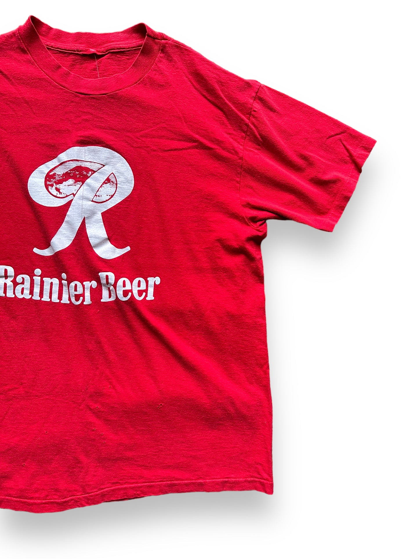 Front Left View of Vintage Rainier Beer Tee SZ L | Vintage Beer T-Shirts Seattle | Barn Owl Vintage Tees Seattle