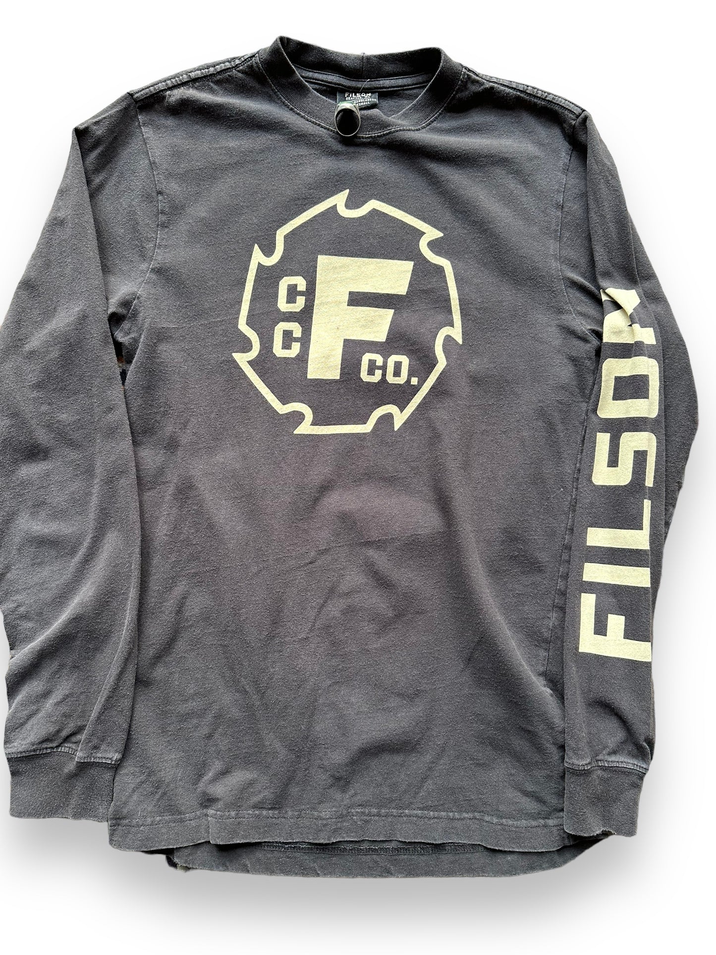 Front Detail on Filson Black Long Sleeve Graphic Tee SZ XS | Barn Owl Vintage Goods | Vintage Filson Workwear Seattle