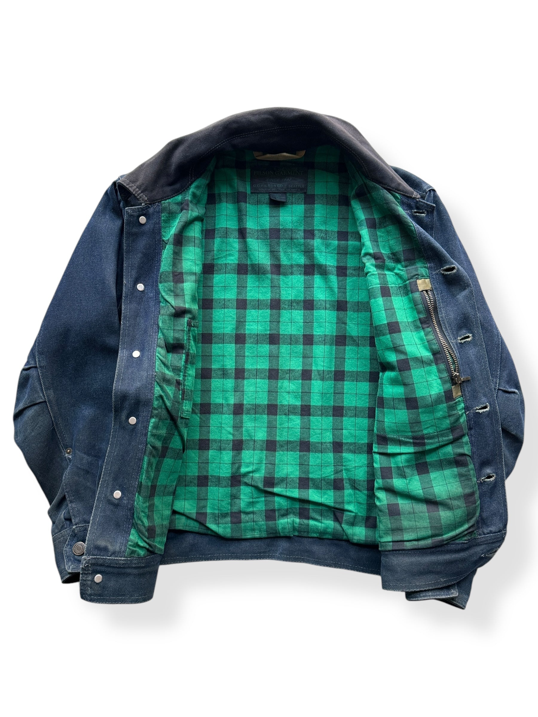 Inside of Filson Black Label Belltown Waxed Denim Jacket SZ XS