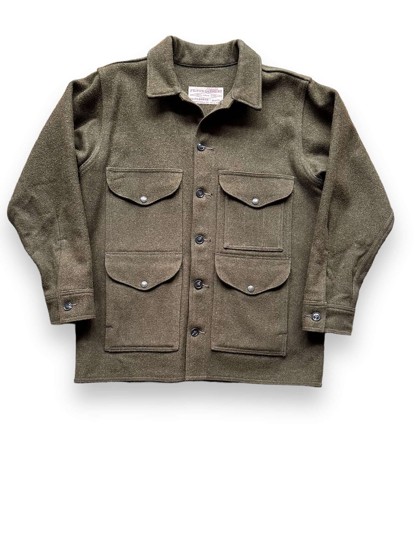 Front View of Filson Forest Green Mackinaw Cruiser SZ 42 | Vintage Filson Workwear Seattle