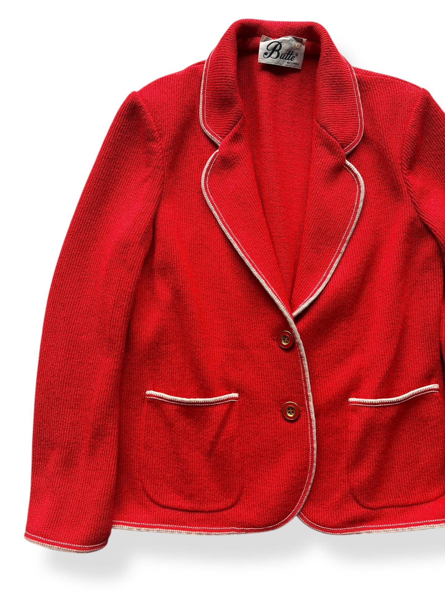 Front Right of Vintage Ladies Butte Red Knit Blazer Top SZ S