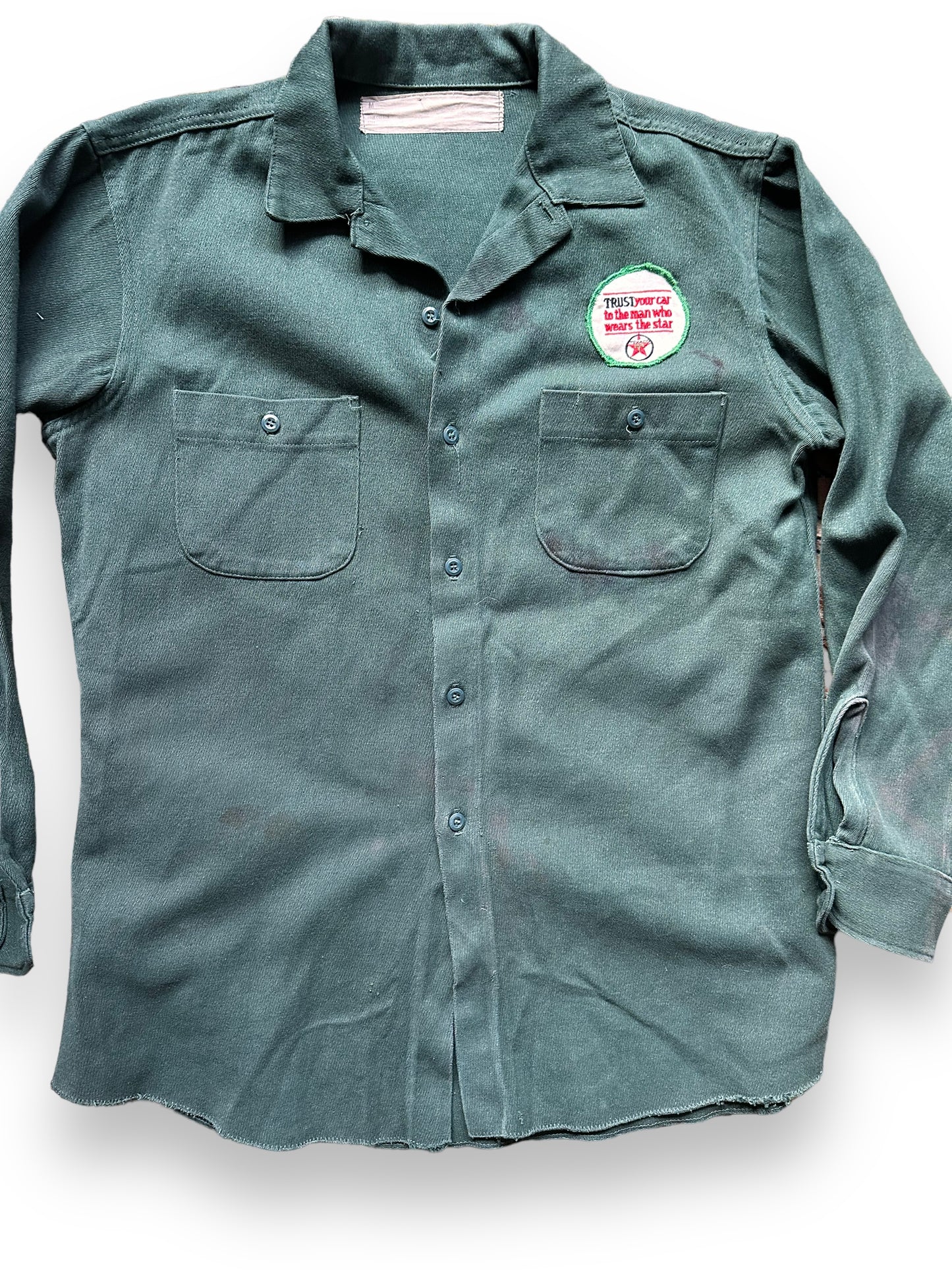 Front Detail on Vintage Power Flite Transmission Chainstitched Work Shirt SZ M | Vintage Chainstitch Workwear Seattle | Barn Owl Vintage Seattle