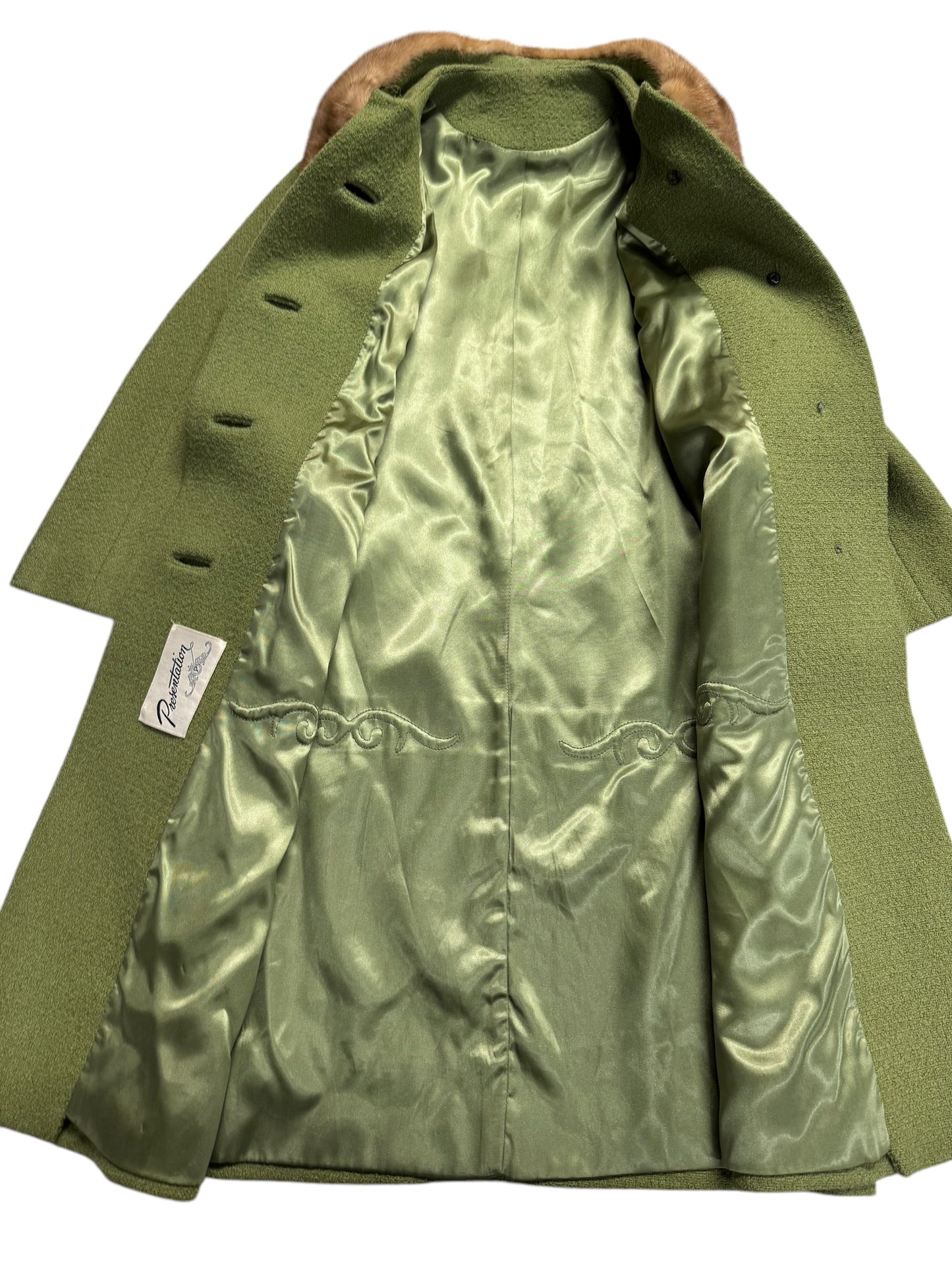 Open view of 1950s Mink Collar Sage Green Coat M