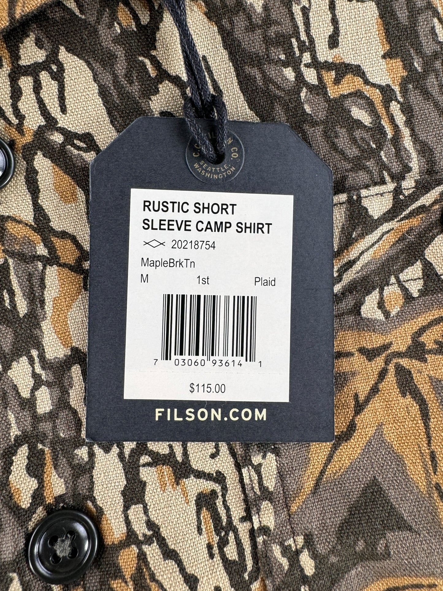 Paper Tag on NOS Filson Rustic Short Sleeve Camp Shirt SZ M