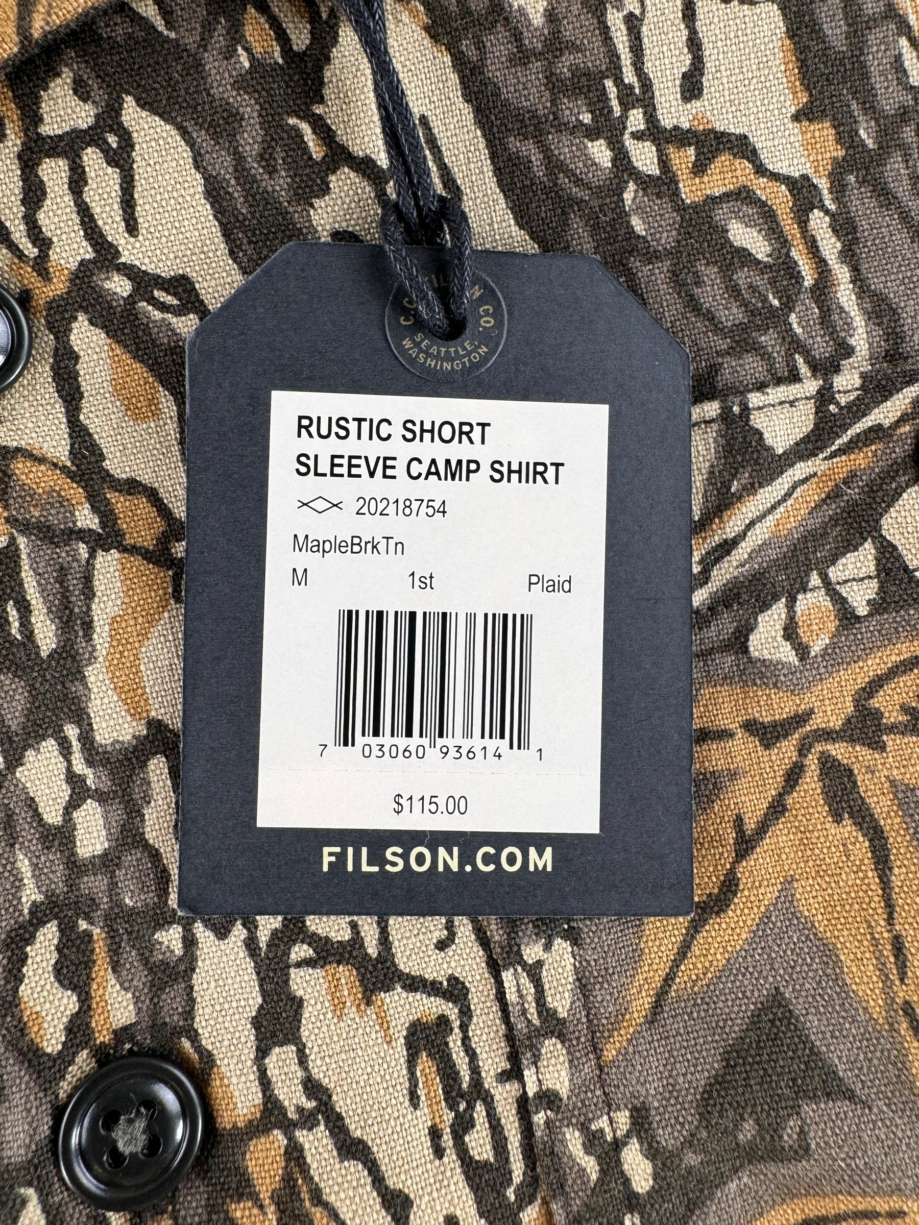 Paper Tag on NOS Filson Rustic Short Sleeve Camp Shirt SZ M
