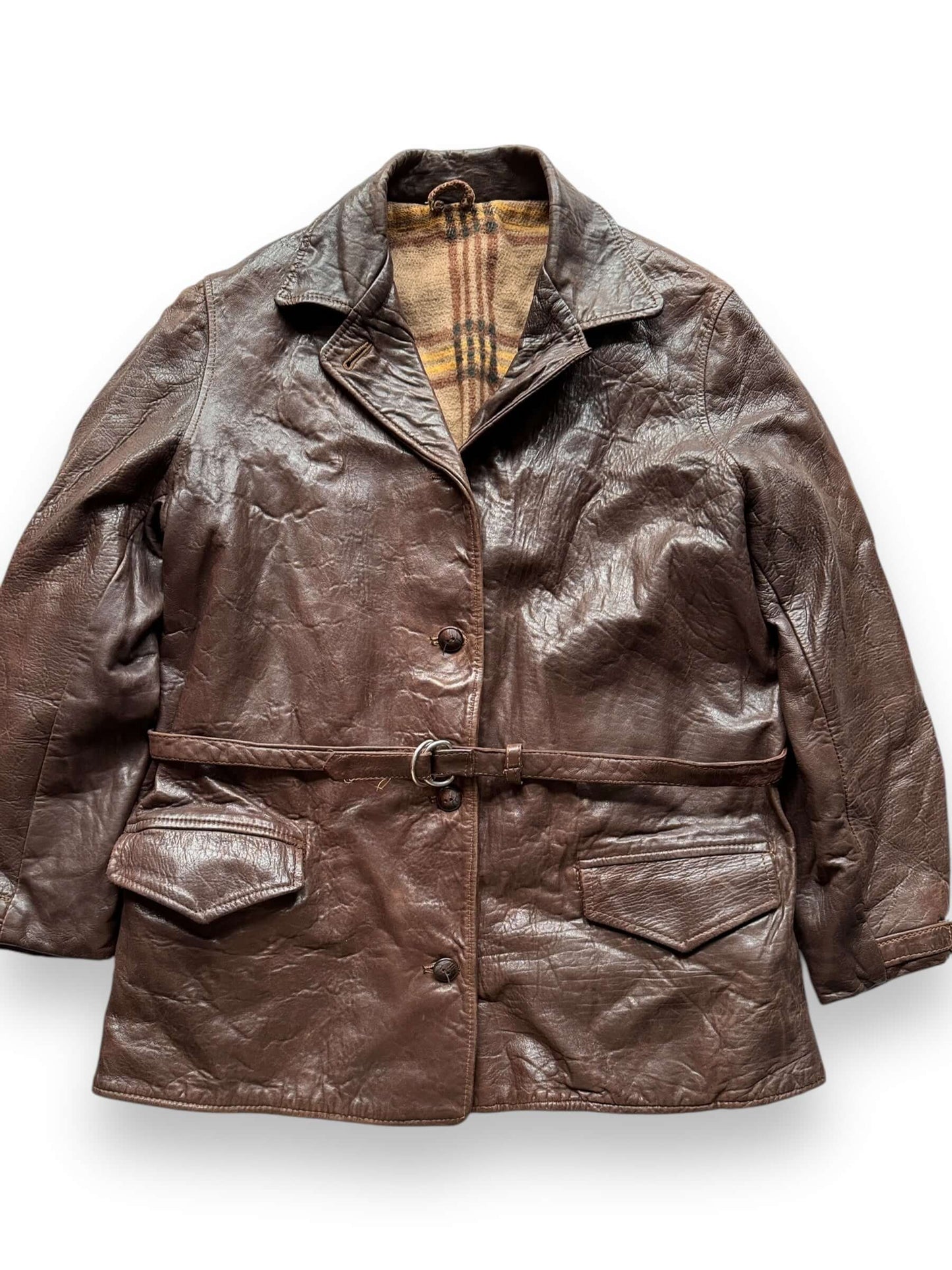 front close up of Vintage Unbranded Belted Leather Jacket SZ M
