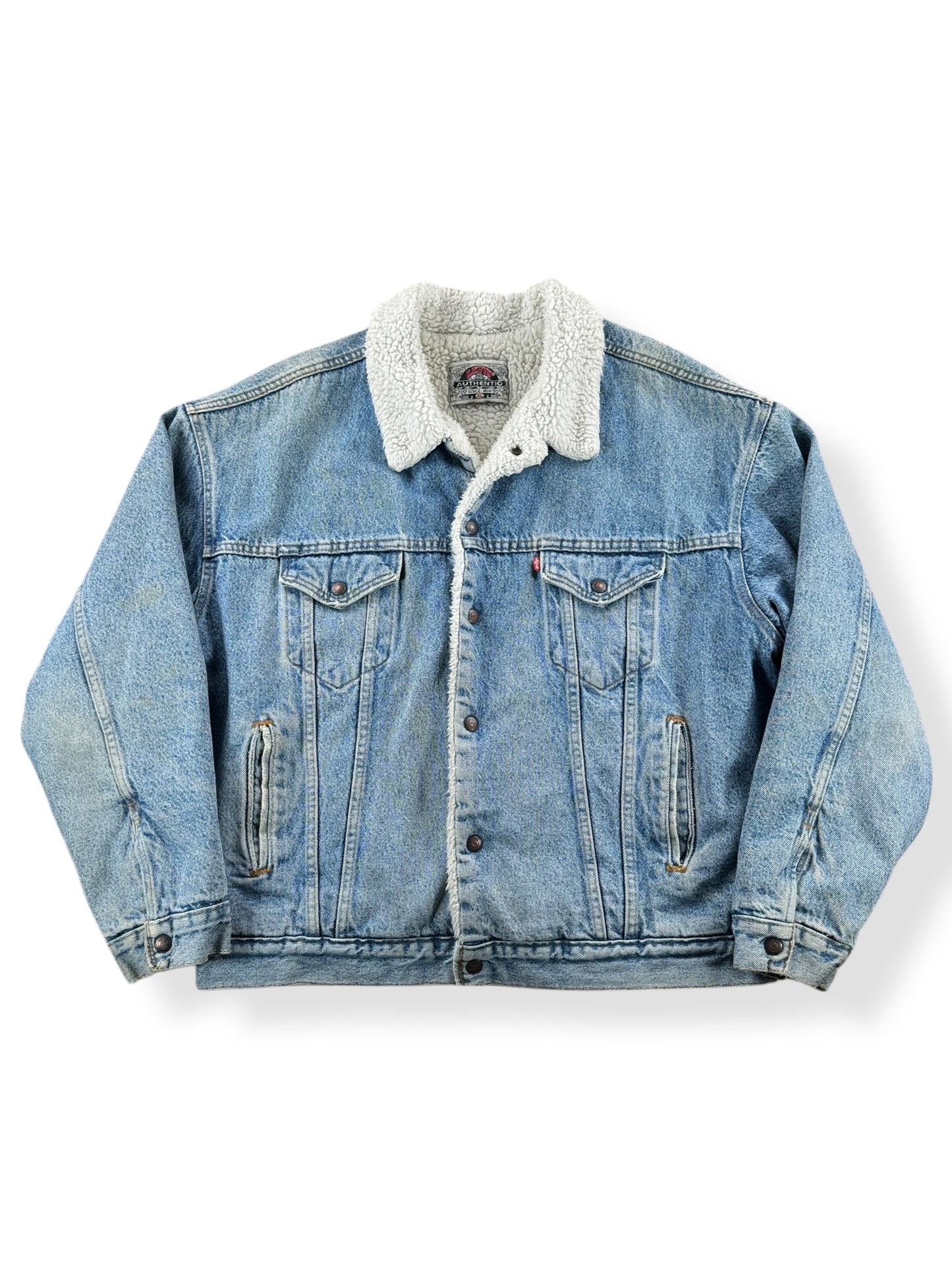 Front of Vintage USA Made Levis Sherpa Denim Jacket SZ XL