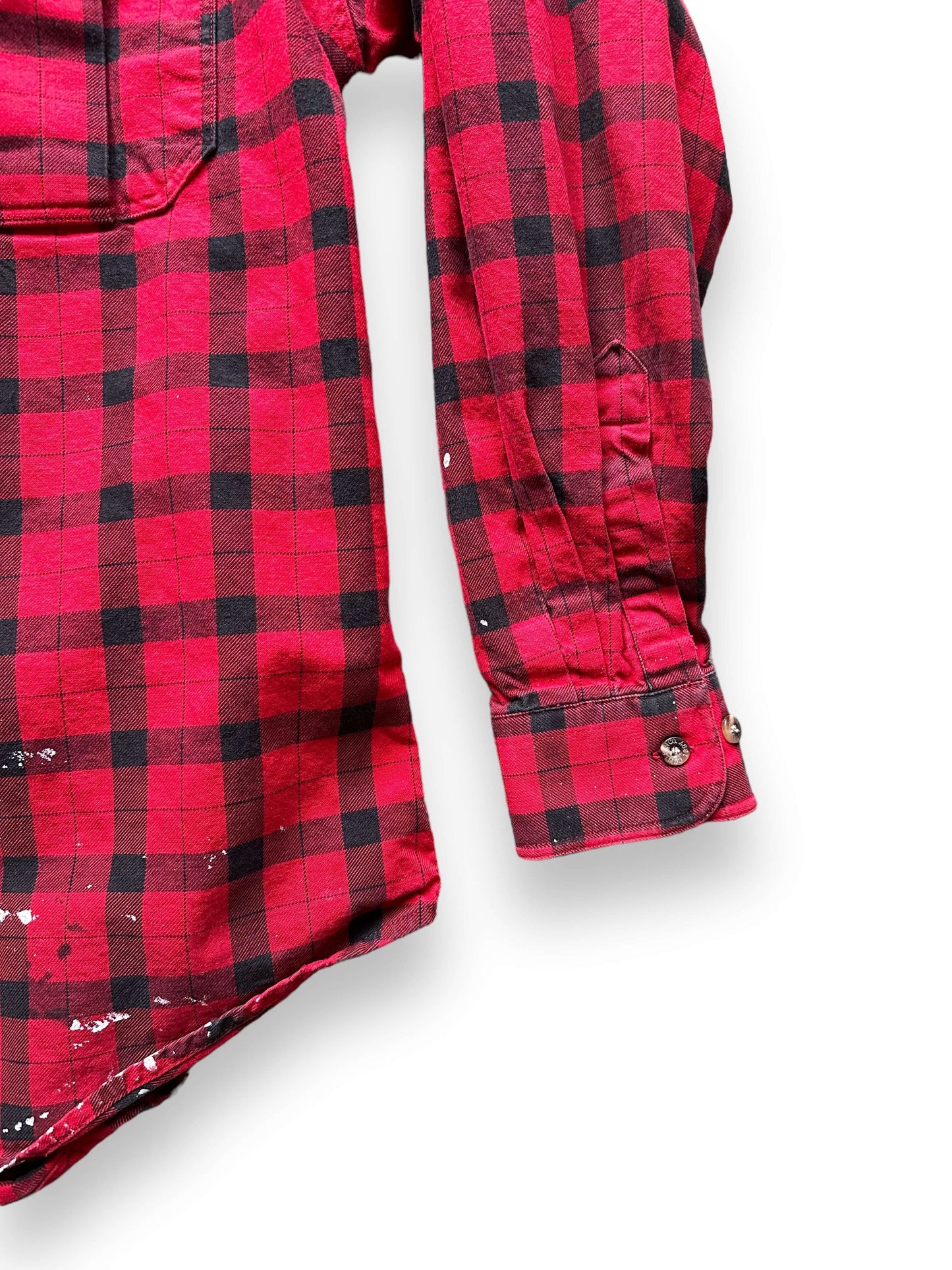 Lower View of Paint Splatters of Paint Splattered Filson Black and Red Guide Shirt SZ M | Barn Owl Vintage Goods | Vintage Filson Workwear Seattle