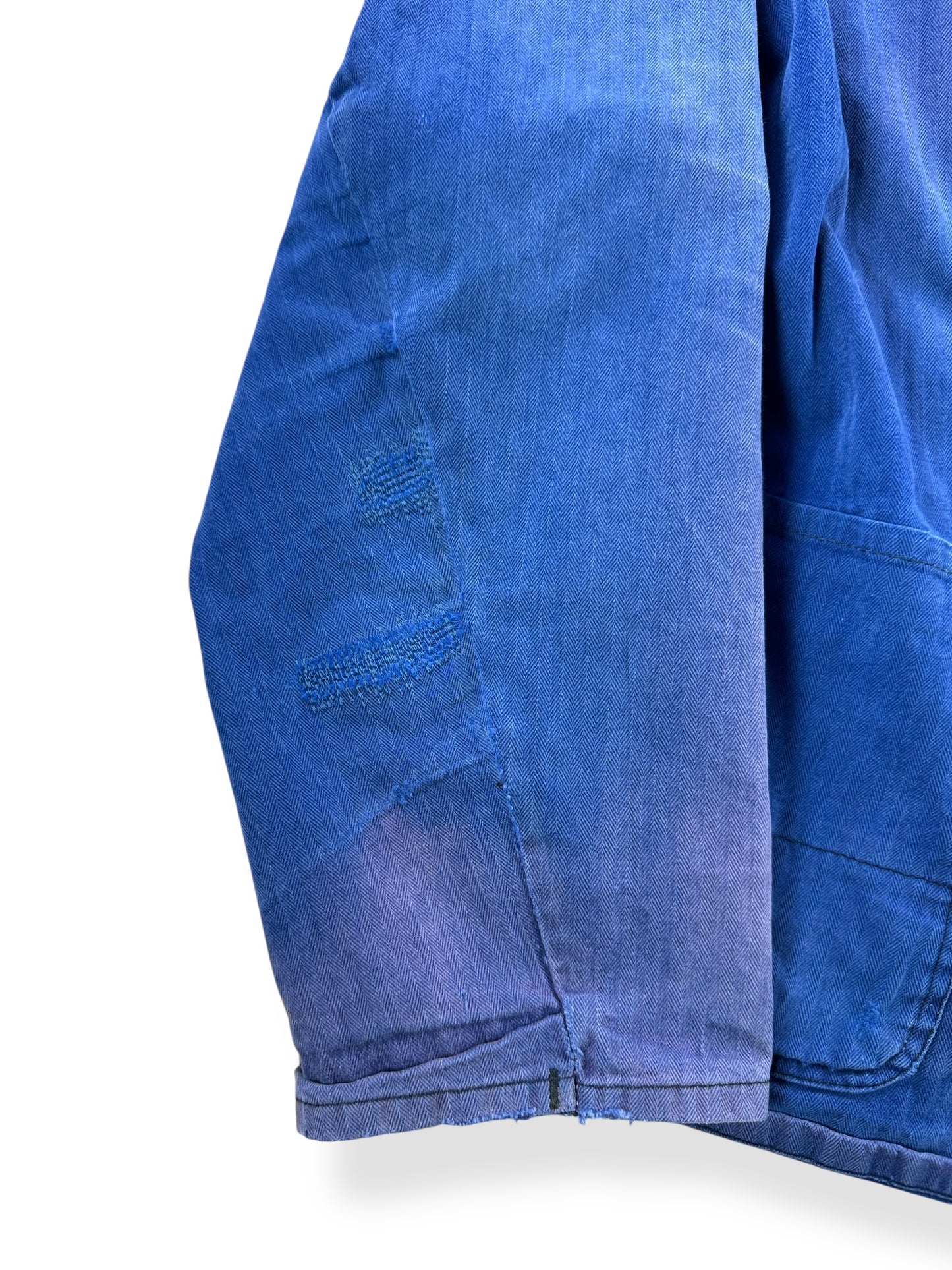 Repaired Sleeve of Vintage HBT Pionier Faded and Repaired Euro Work Jacket SZ L