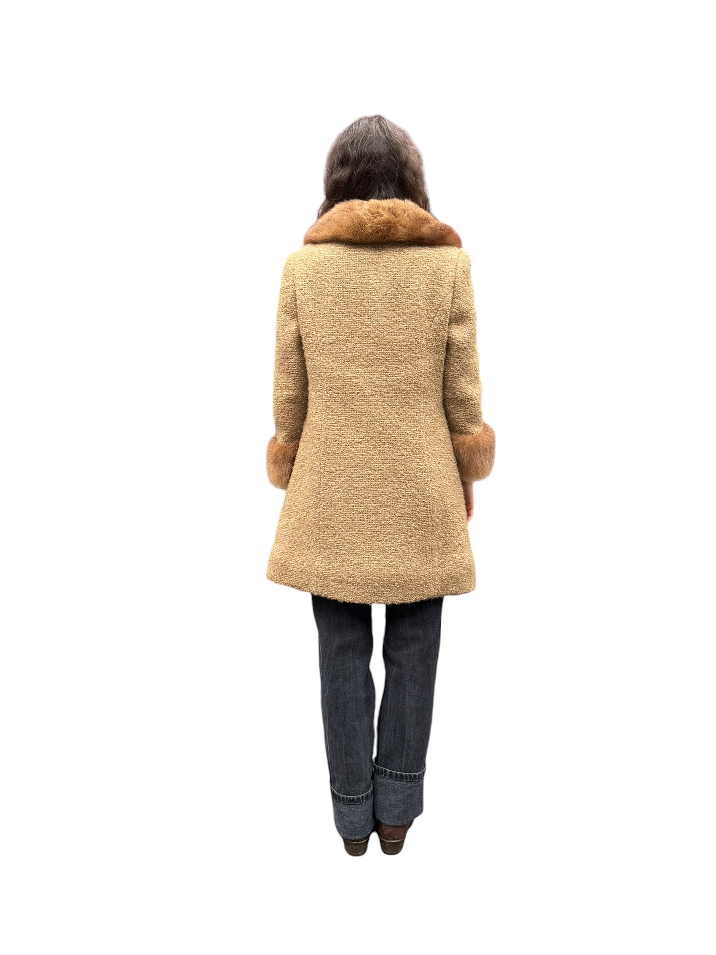 Back view of model 1960s Pickfair Place Mink Collar Coat L