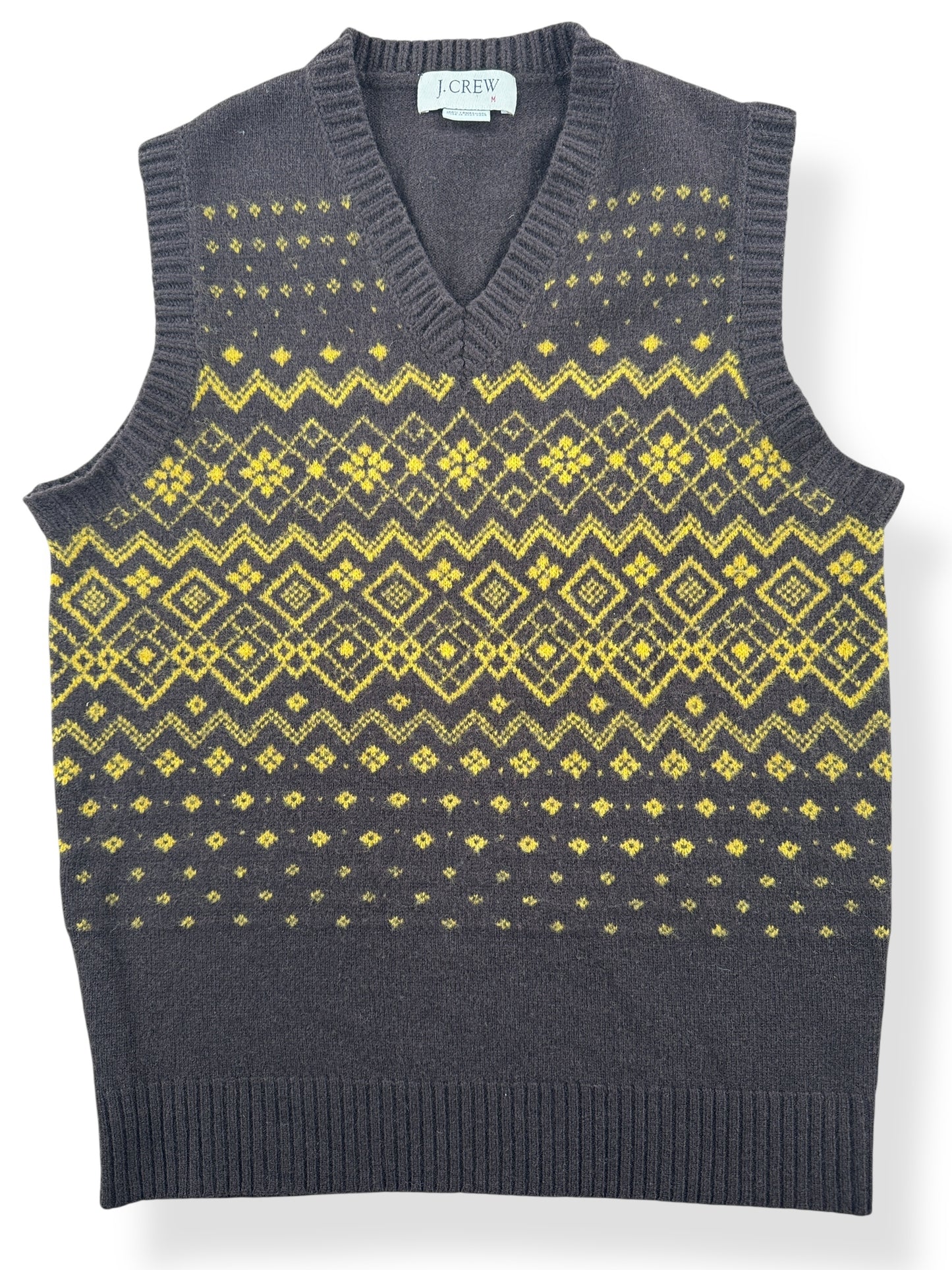 Front Close Up of Vintage J Crew Lambswool Brown and Yellow Vest SZ M