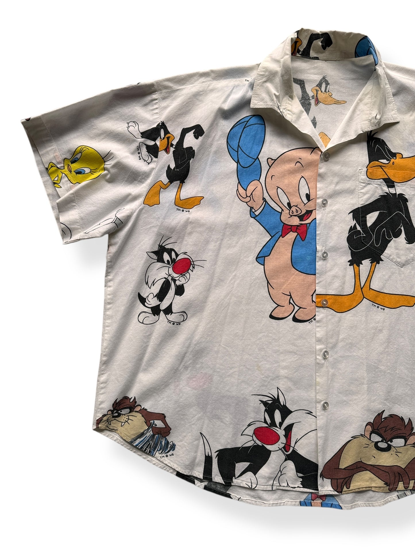 Front Right of Vintage White Daffy & Porky Button Up SZ XXL