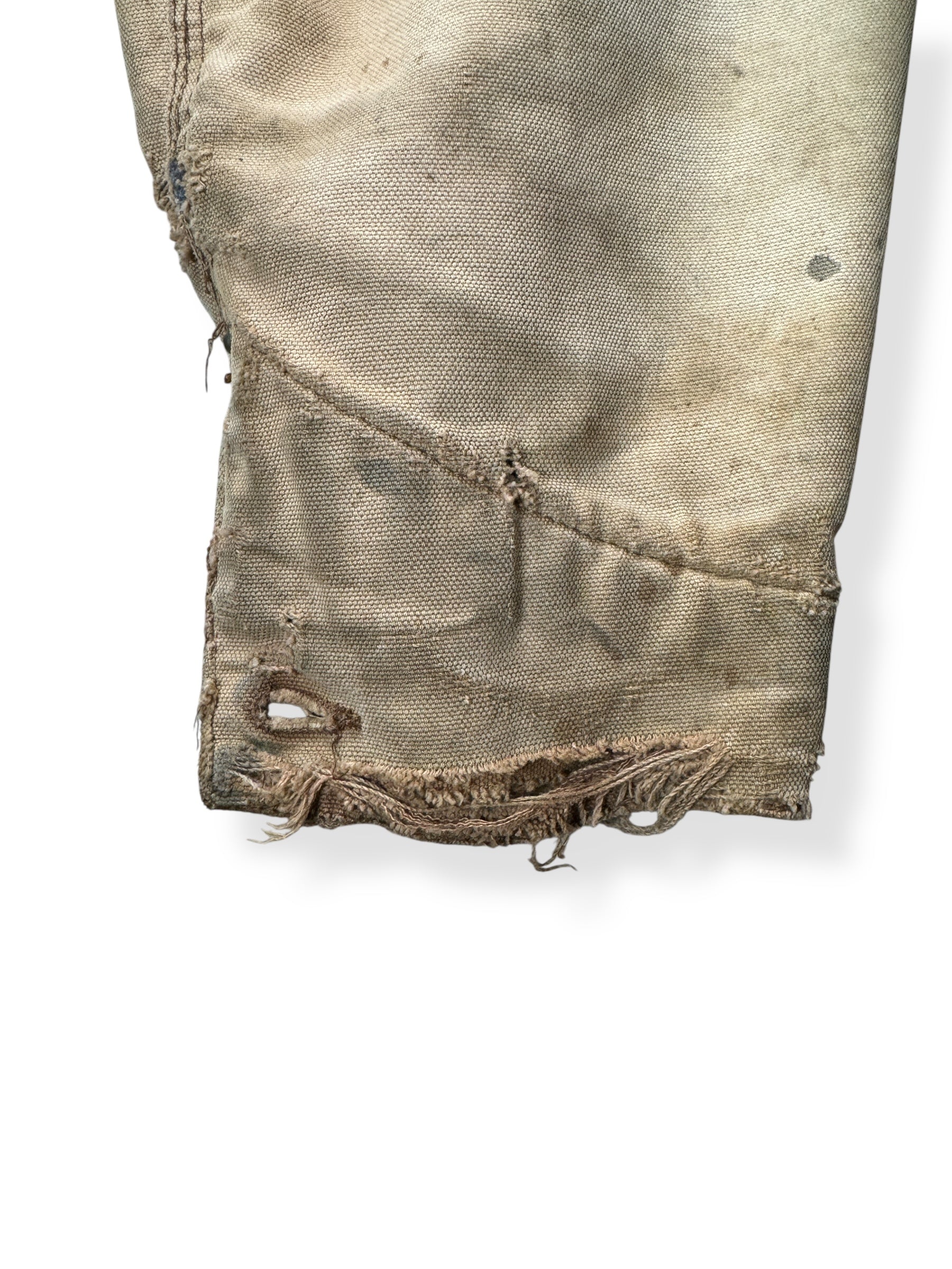 Thrashed Cuff on Vintage 70s Era Thrashed Carhartt Chore Coat SZ 46