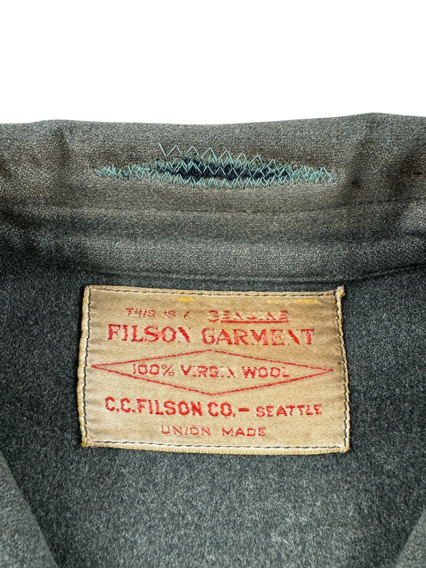 Tag on Vintage 60’s Filson Green Wool Mackinaw Jacket W/ Repairs SZ L