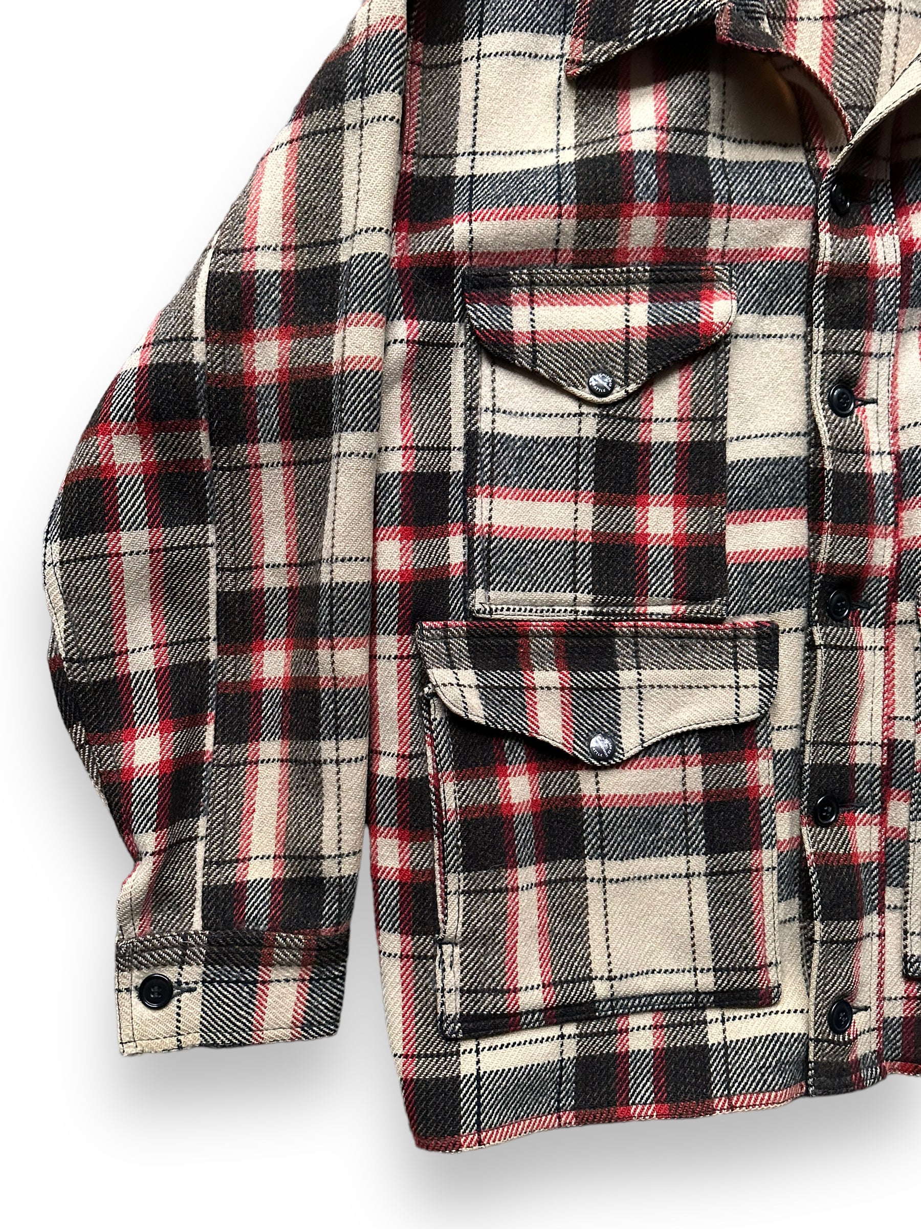 Lower Front Right View on Extremely Rare 1951 Filson Red-Black-White Single Back Mackinaw Coat SZ 46 |  Vintage Filson Peppermint Patty Alternate | Vintage Workwear Seattle