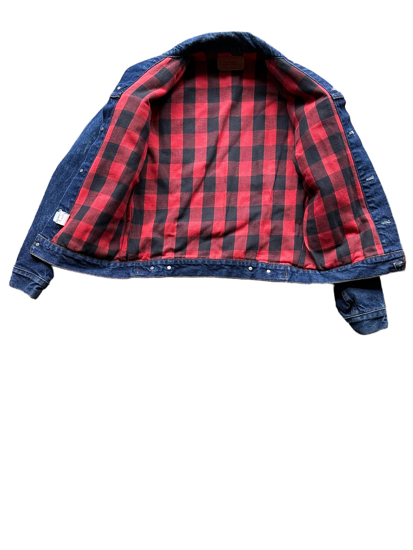 Flannel Lining View of Vintage Red Flannel Lined Levis Type 3 Denim Trucker Jacket SZ S | Vintage Levi Strauss Denim Workwear Seattle | Seattle Vintage Clothing