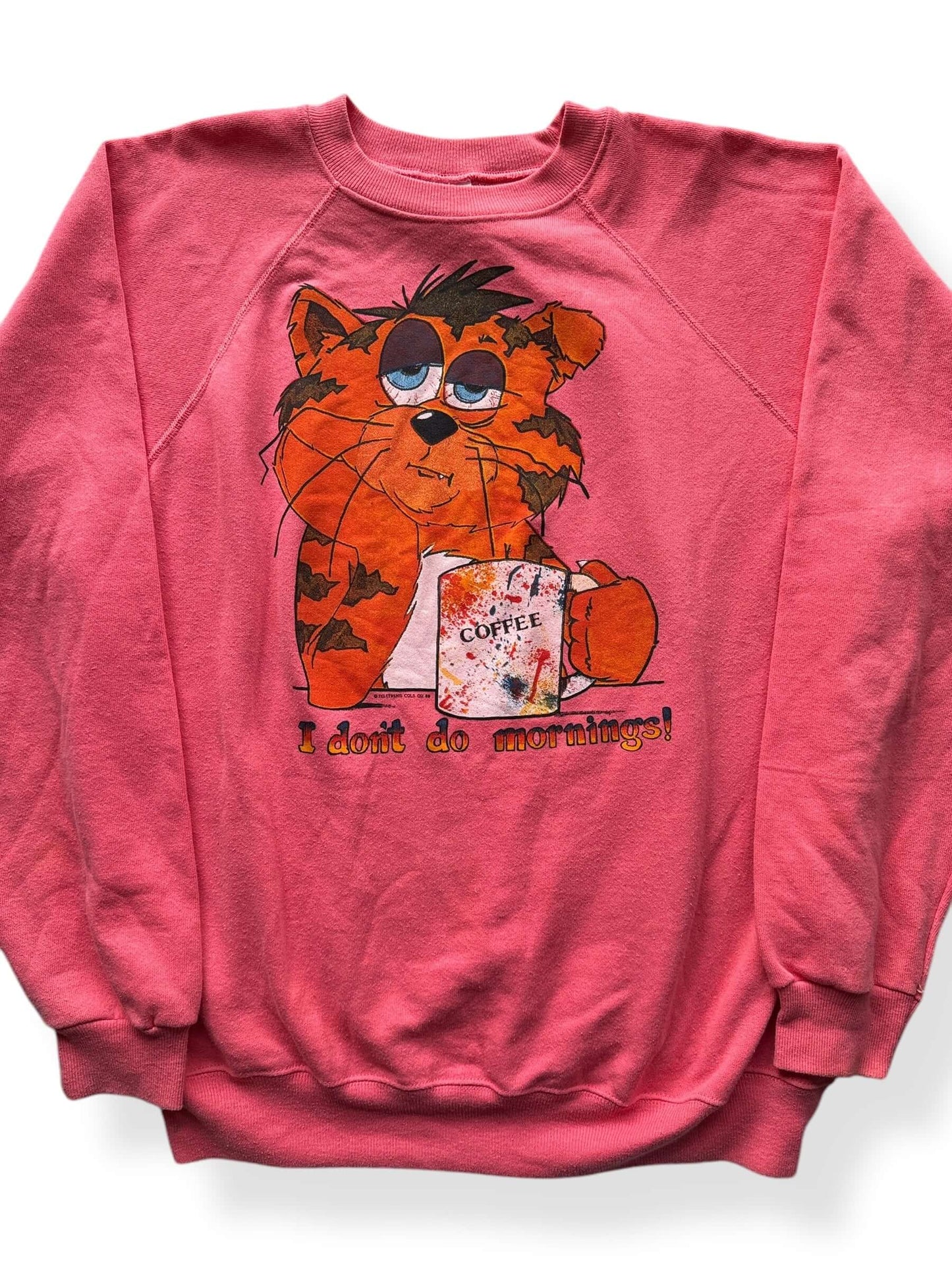 Front Close Up of Vintage Hanes Don't Do Mornings Cat Crewneck SZ XL