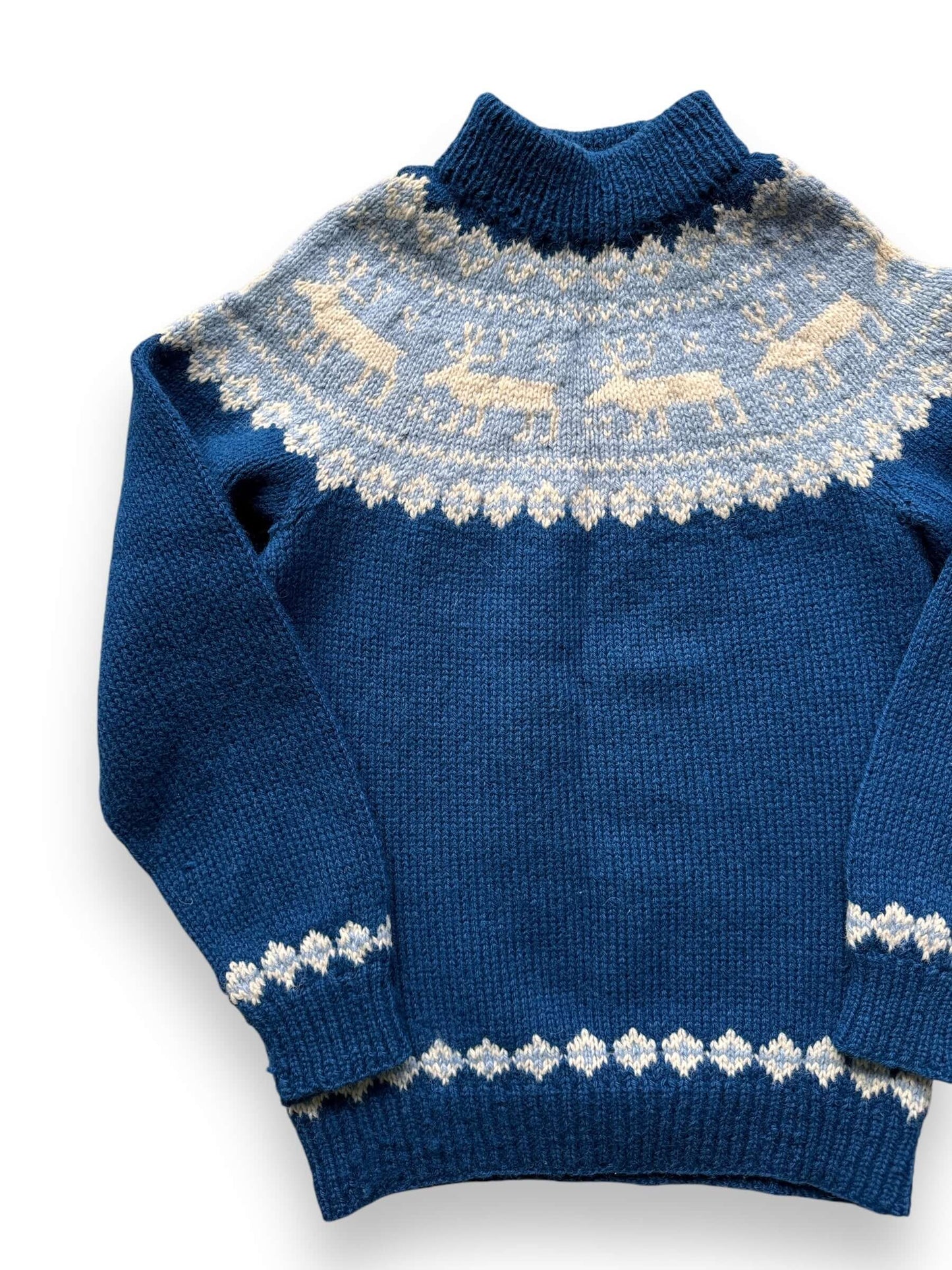 front right of Vintage Blue Reindeer Danish Wool Sweater SZ S