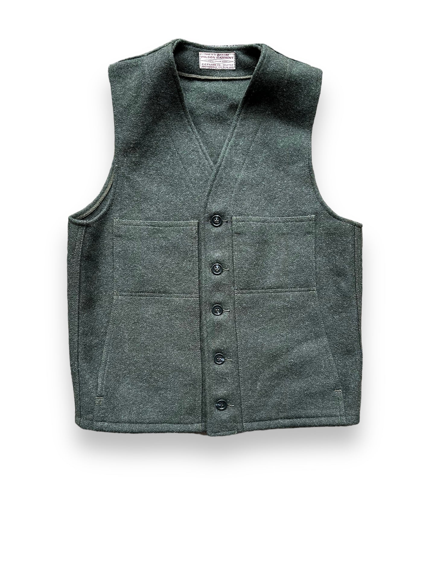 Front View of Filson Forest Green Mackinaw Vest SZ M | Barn Owl Vintage Goods | Vintage Filson Workwear Seattle