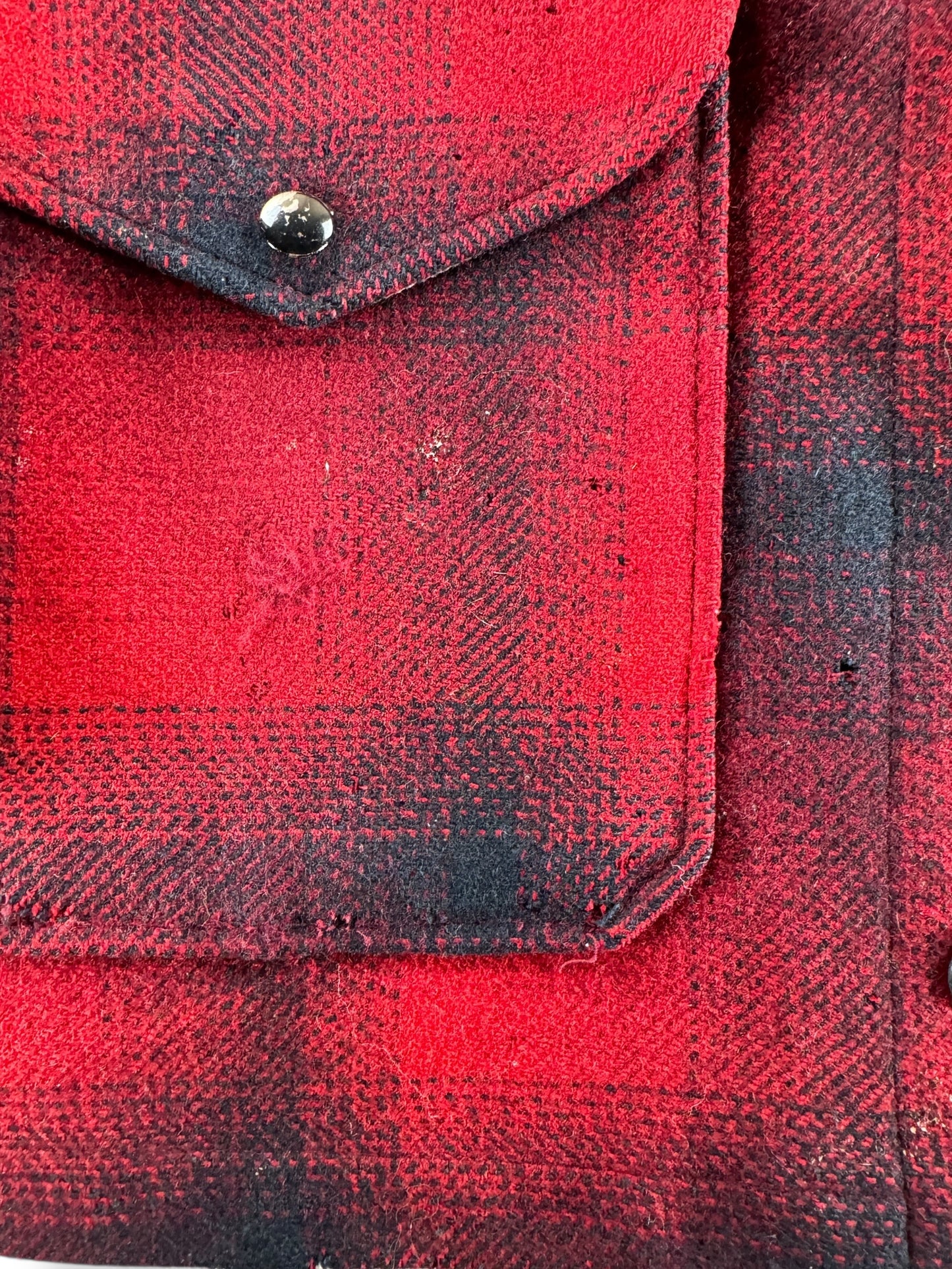 Distressing on Vintage Pendleton Red & Black Shadow Plaid Mackinaw Jacket SZ L AS IS