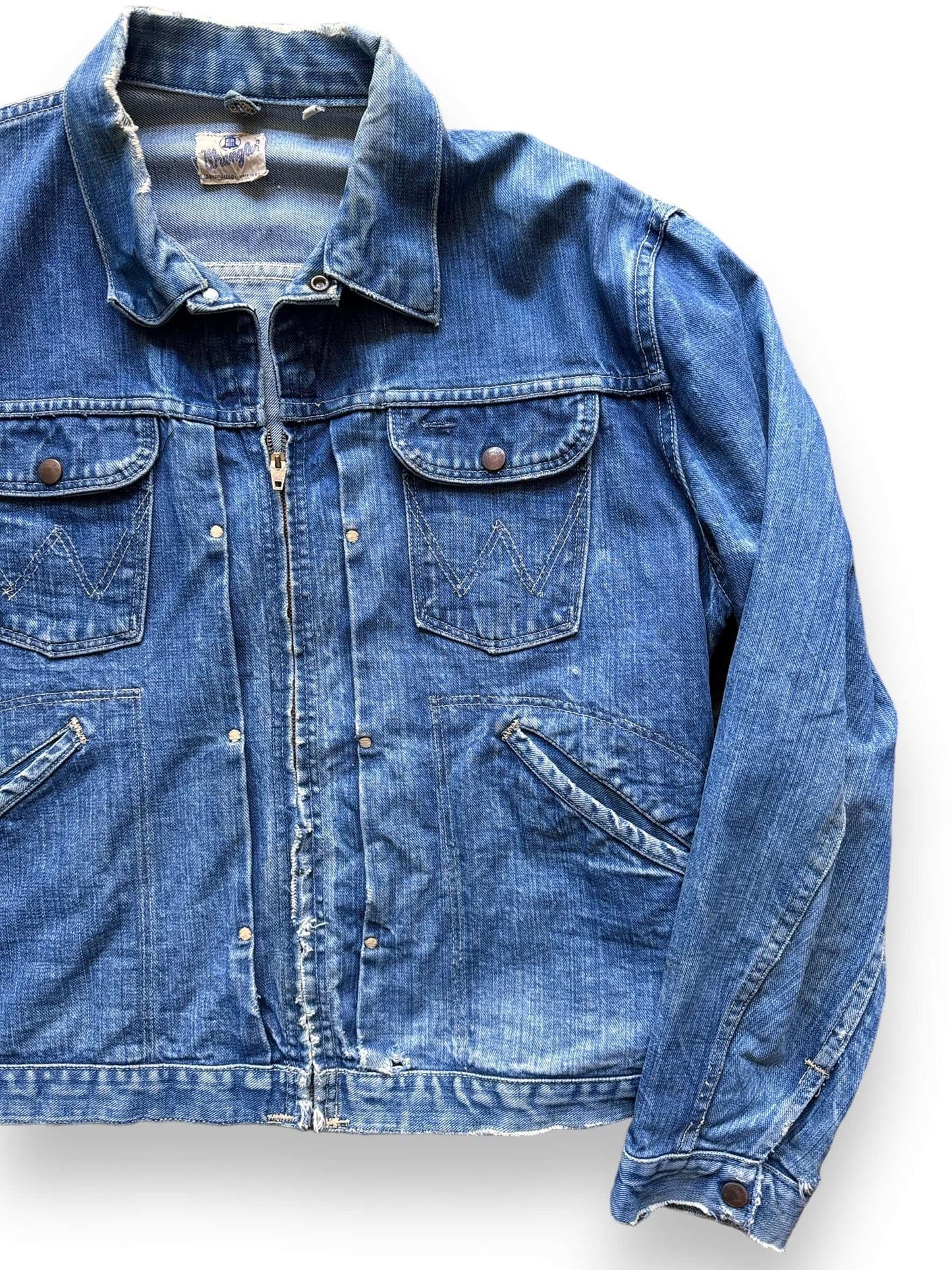 Front Left View of Vintage Wrangler Blue Bell MJZ Denim Jacket SZ 46