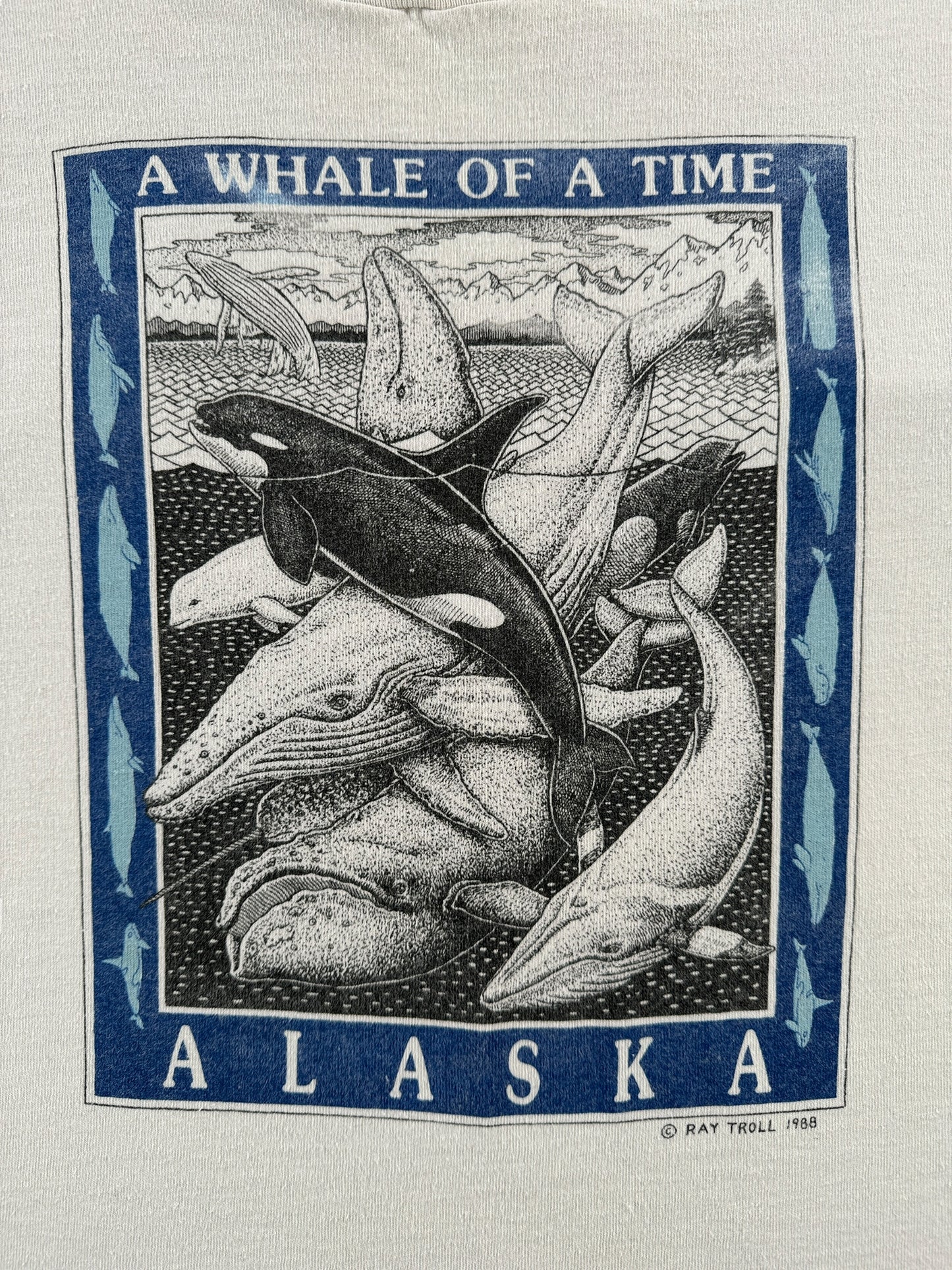 Front Graphic of Vintage 1988 Ray Troll A Whale of a Time Alaska Tee SZ XL